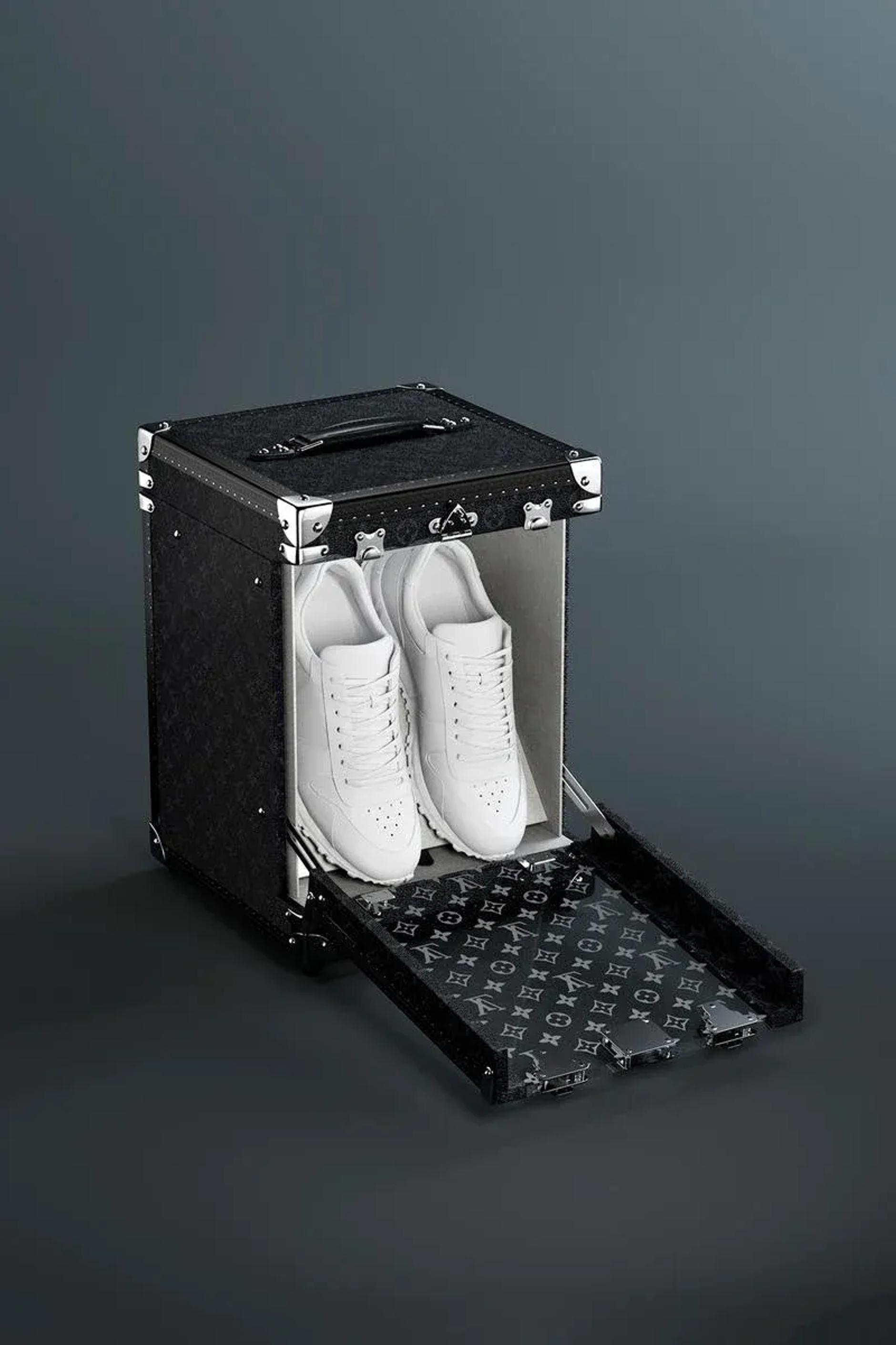 A pair of luxury sneakers in a fancy case