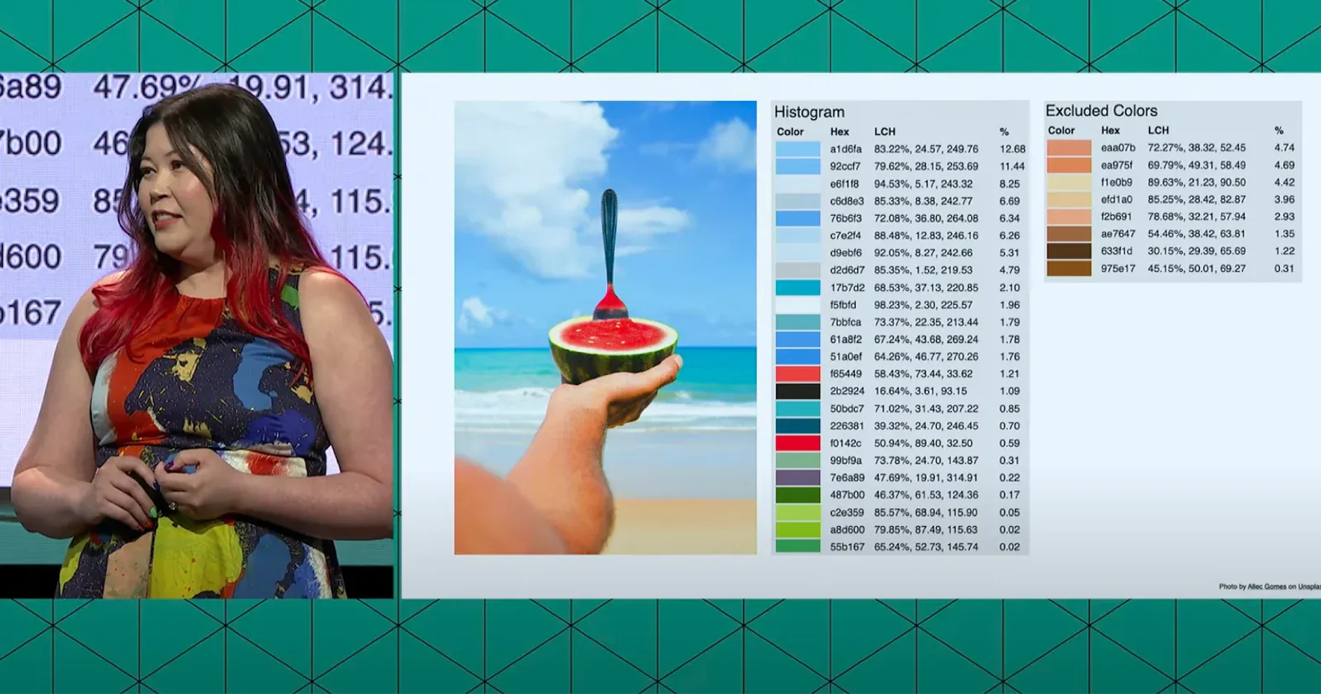 Speaker at Figma Config 2023 with a slide of color values.