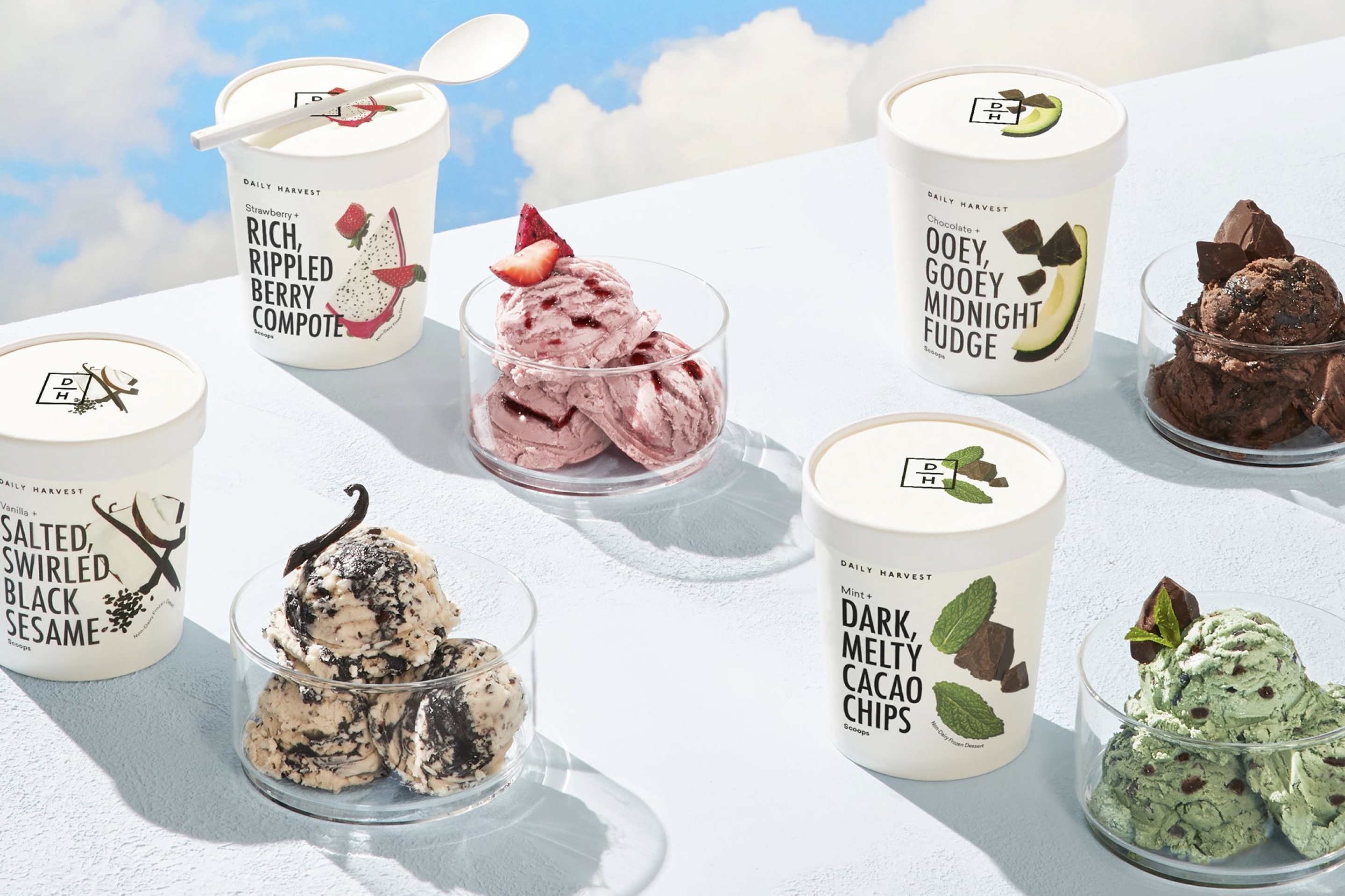 Daily Harvest Scoops products on a blue background