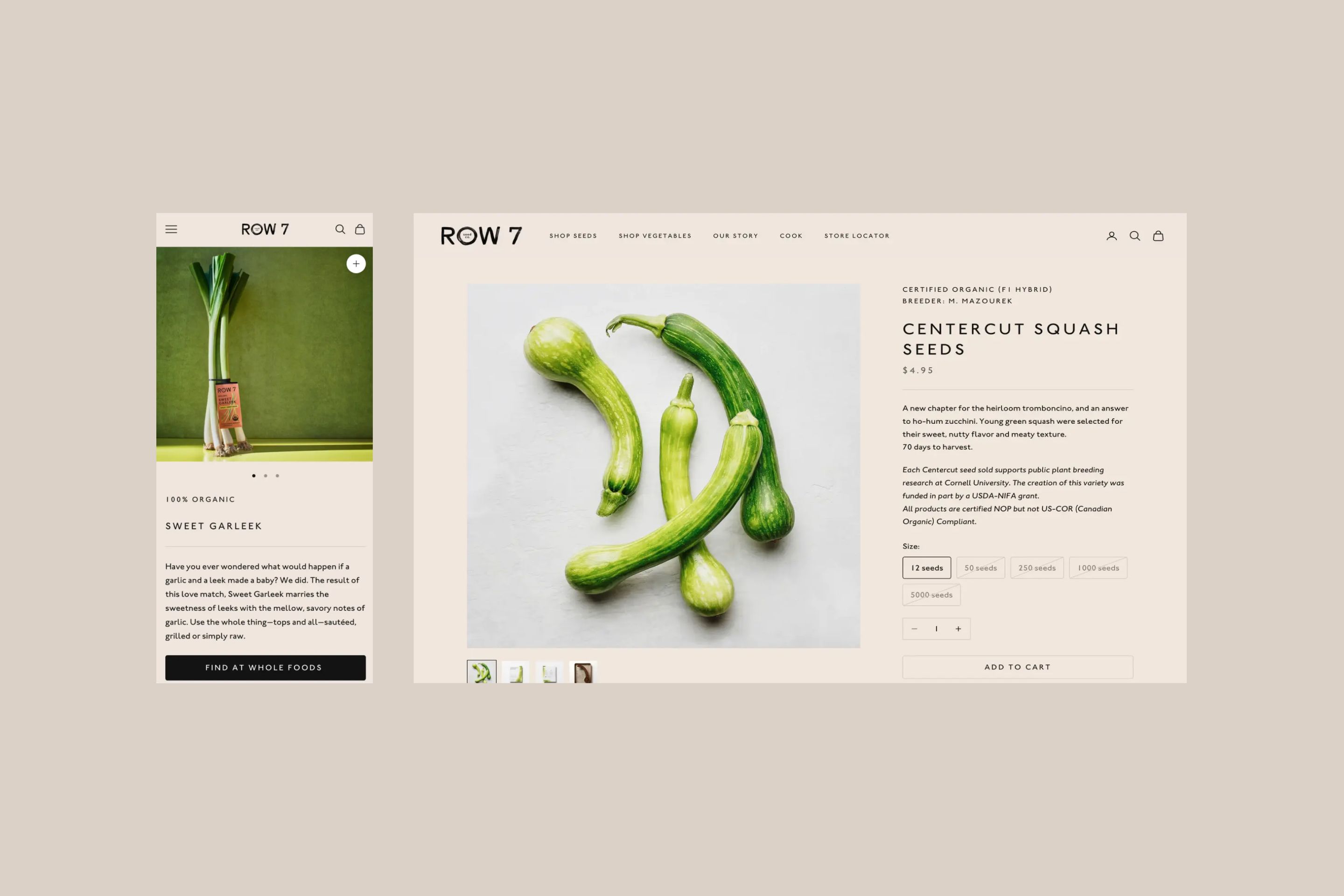 Desktop and mobile screenshots of Row 7 PDP