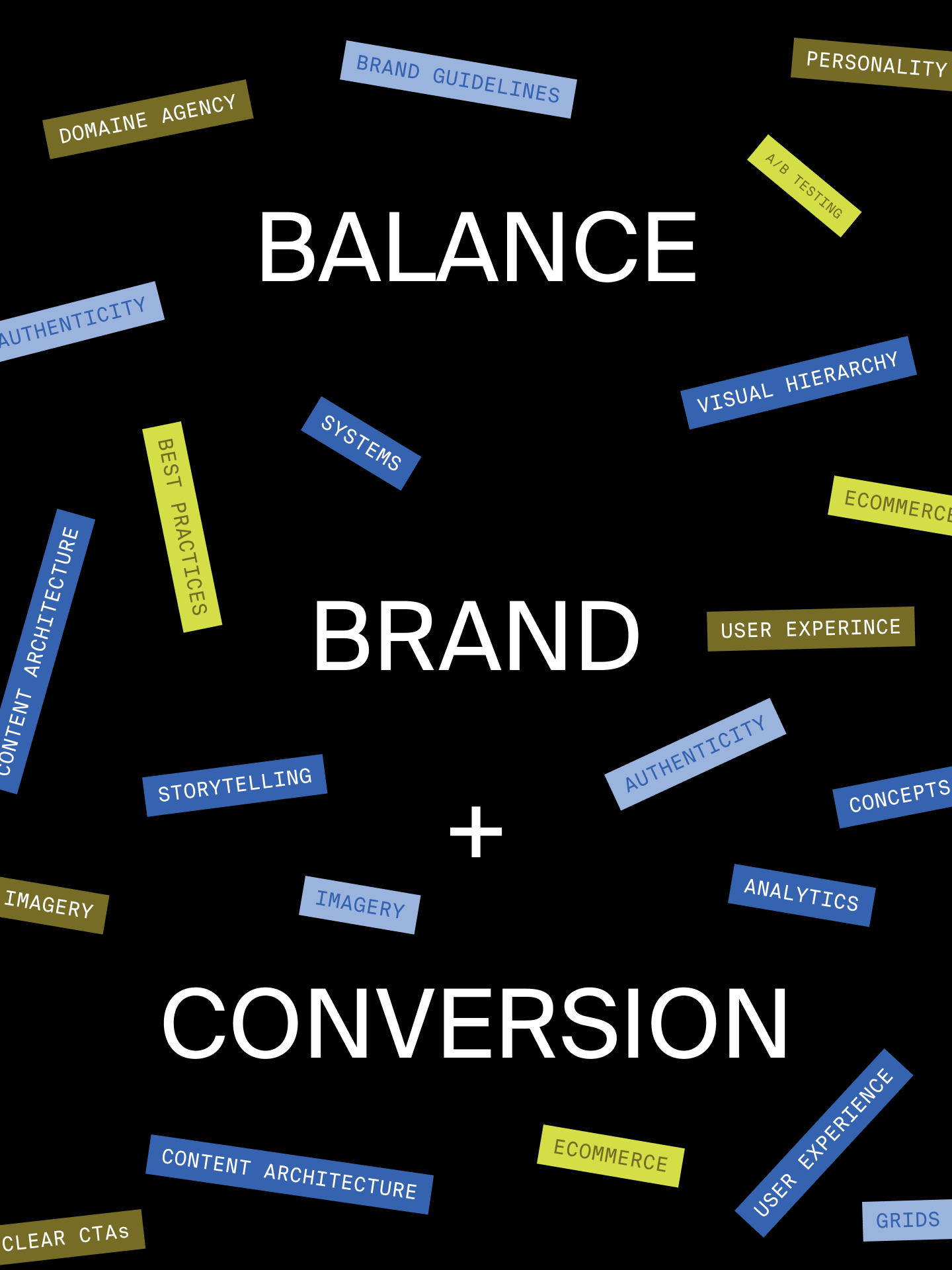 The words "Balance Brand + Conversion" on a black background, with additional colored labels spelling out different ecommerce components.