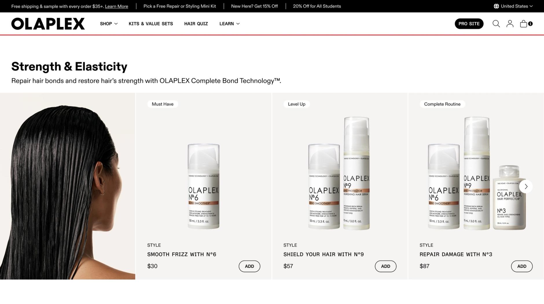 Screenshot of Olaplex Desktop Product Listing Page
