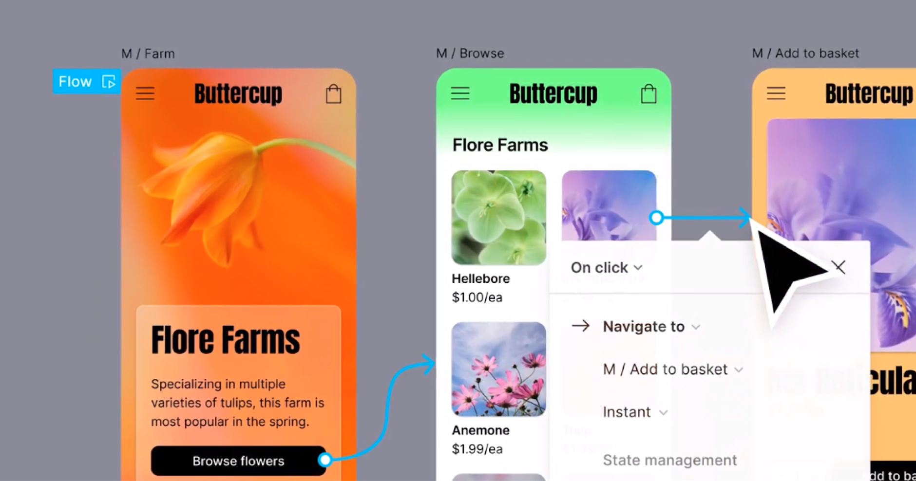 Screenshot of Figma's UI, showing the prototyping process