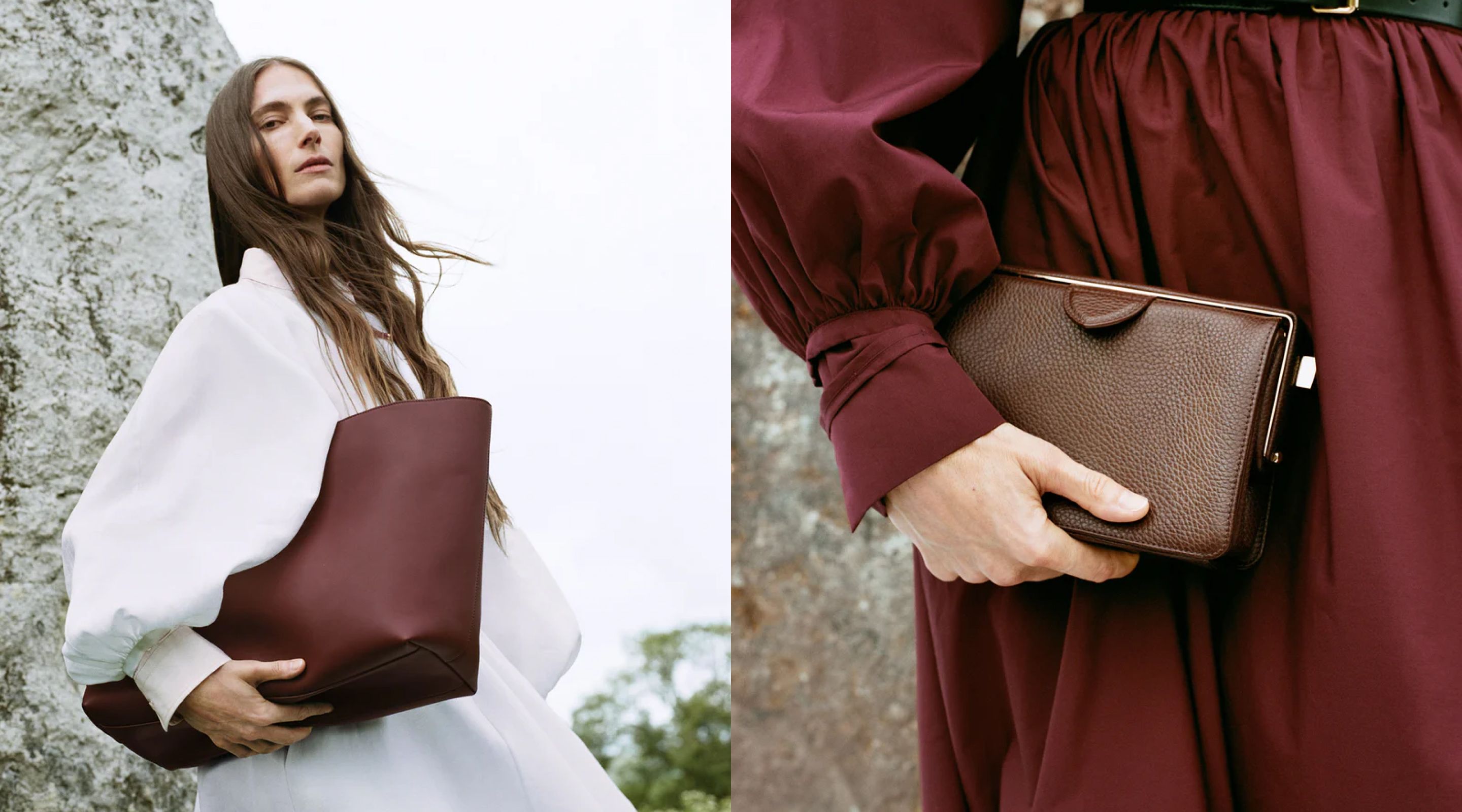 Model wearing a Gabriela Hearst outfit and different bags