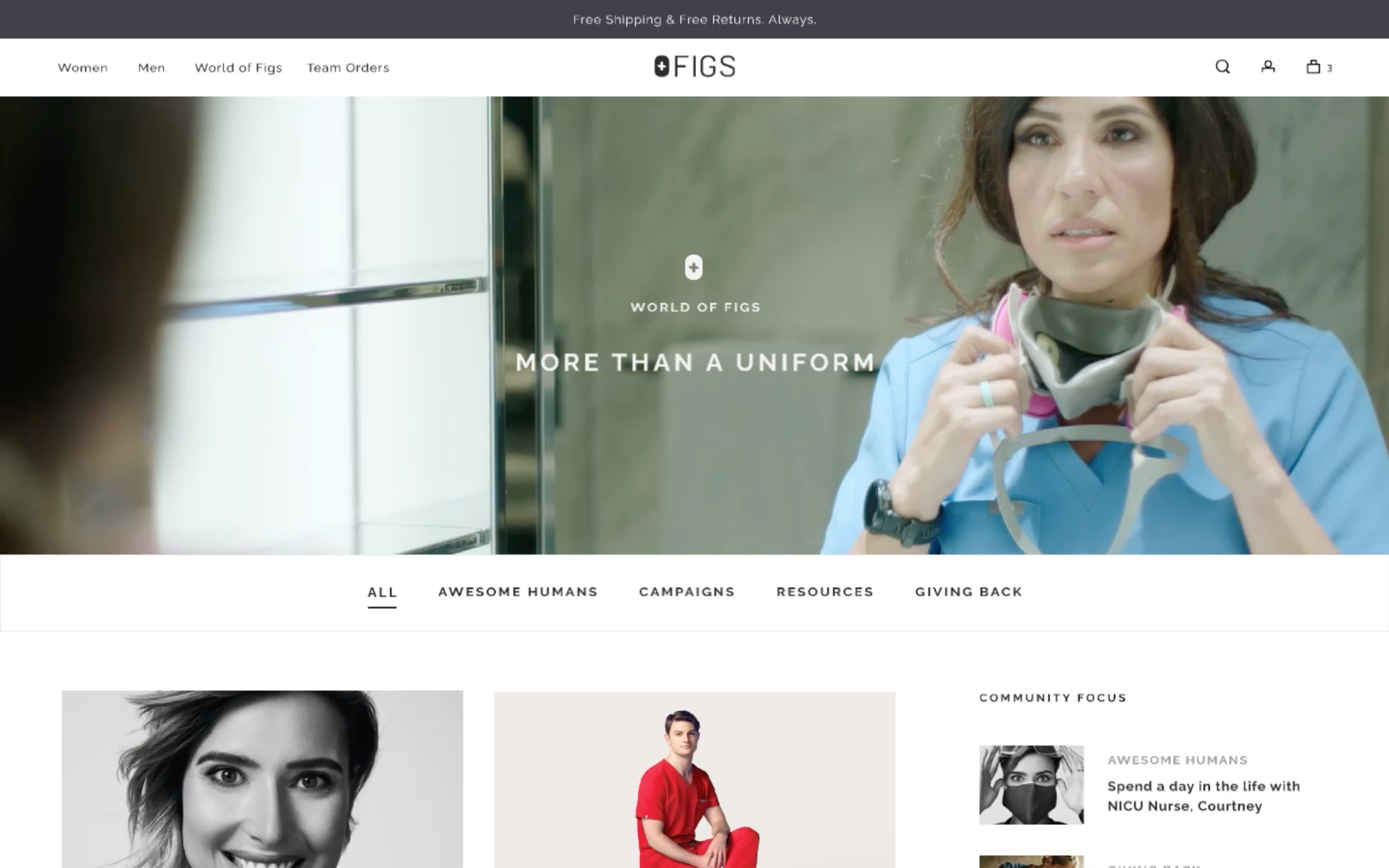 Desktop screen capture of FIGS' content hub