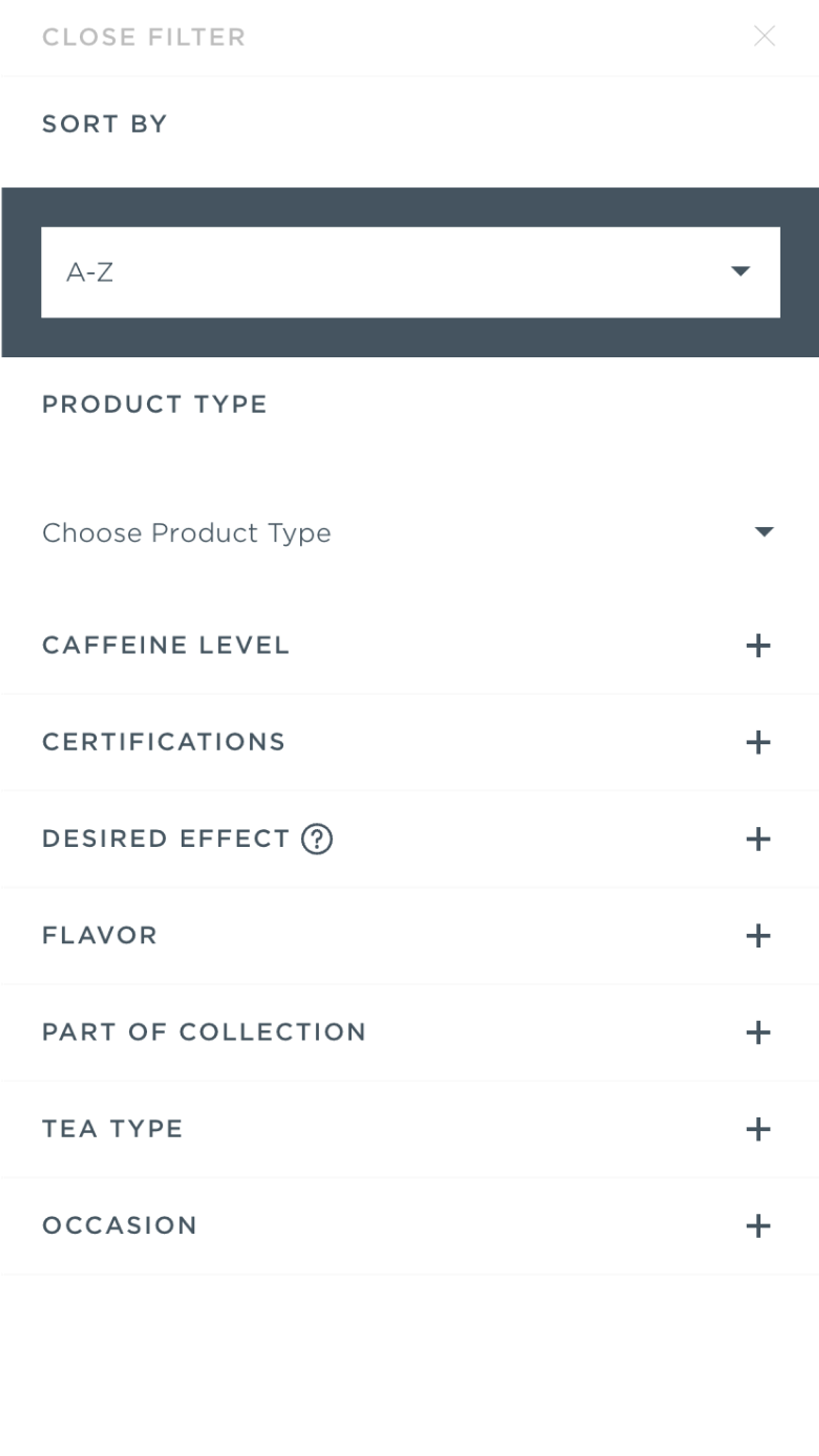 Mobile screenshot of Tea Forté's sort and filter features