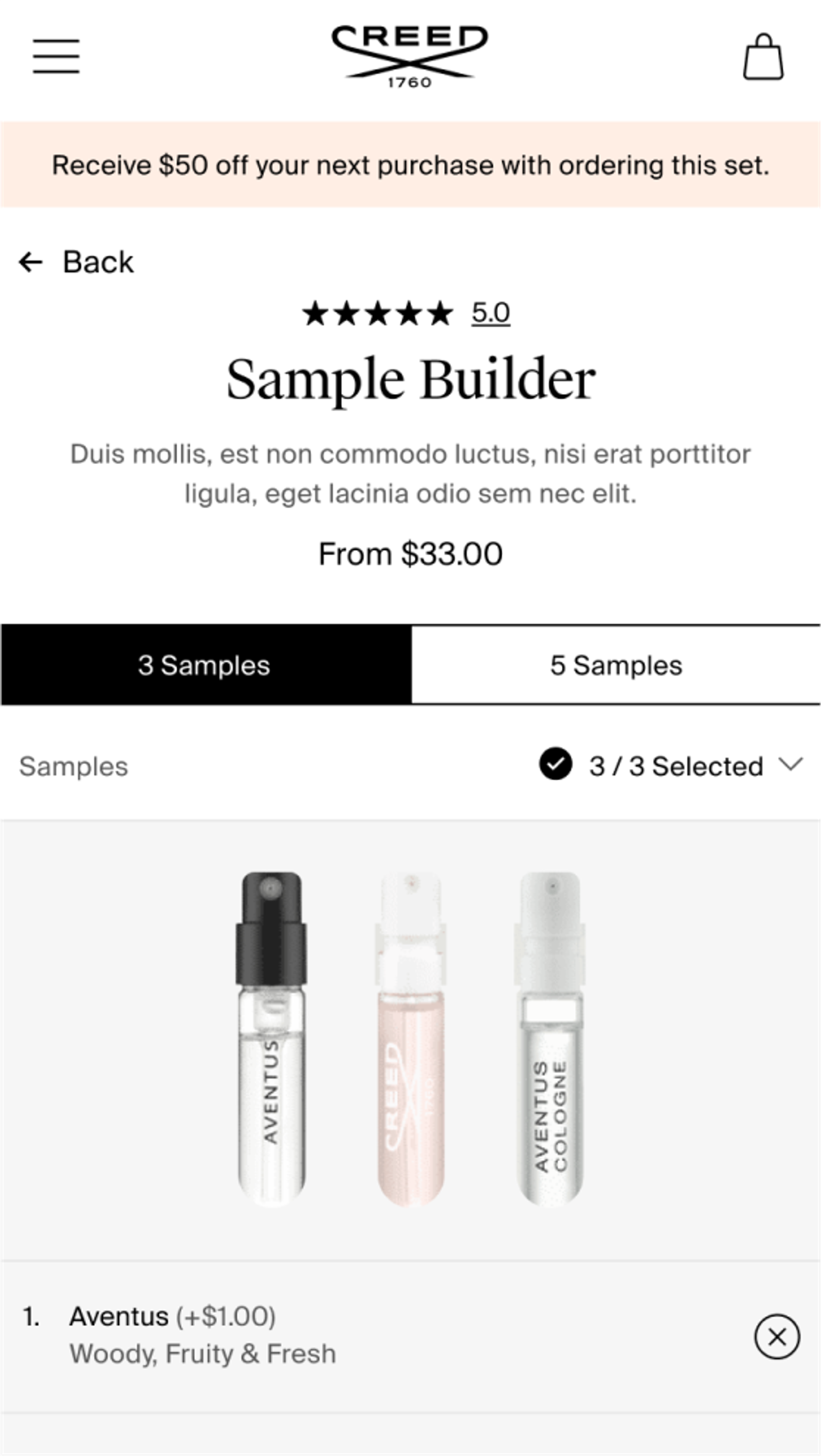 Mobile design for Creed's sample builder