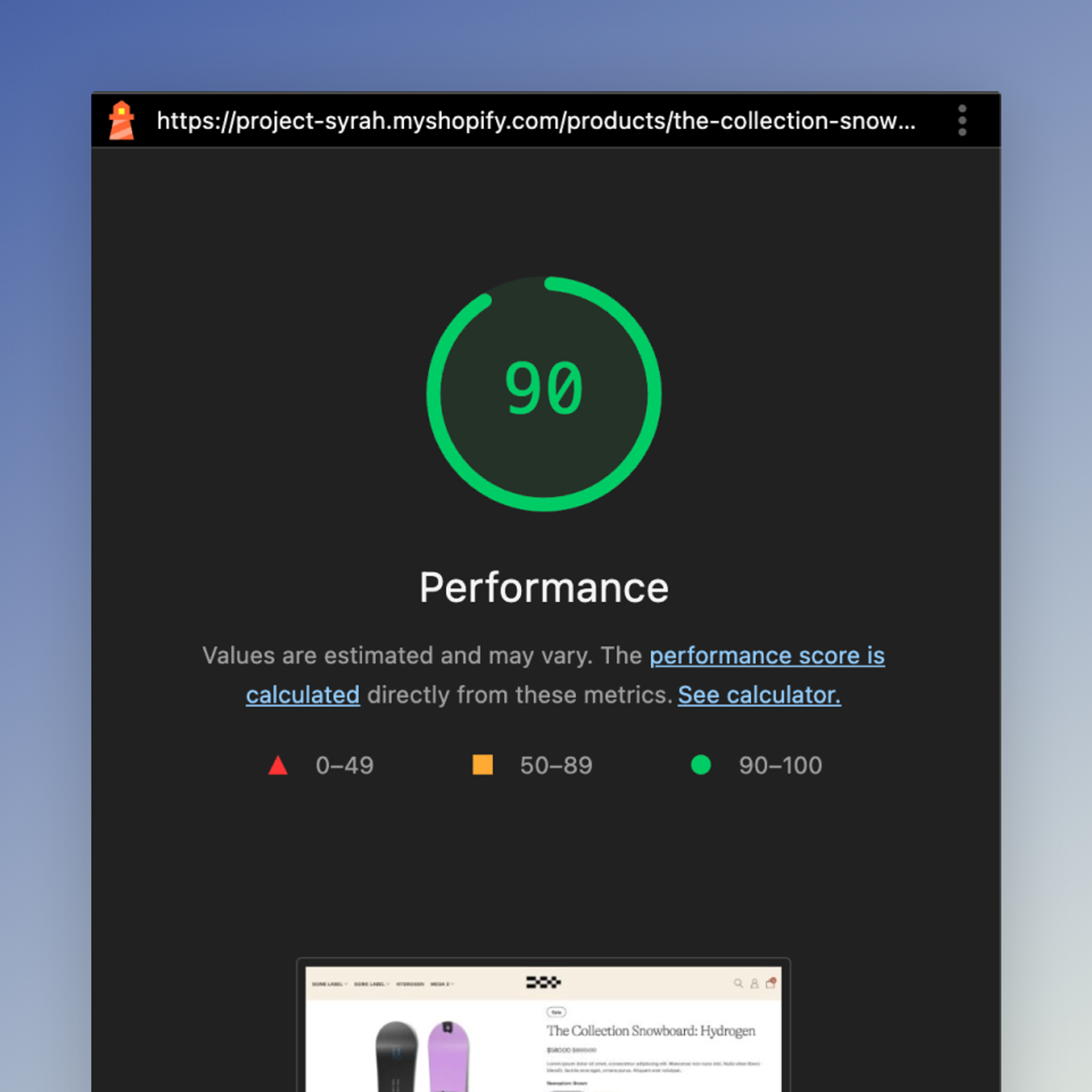 Screenshot of 90 score on Lighthouse for performance