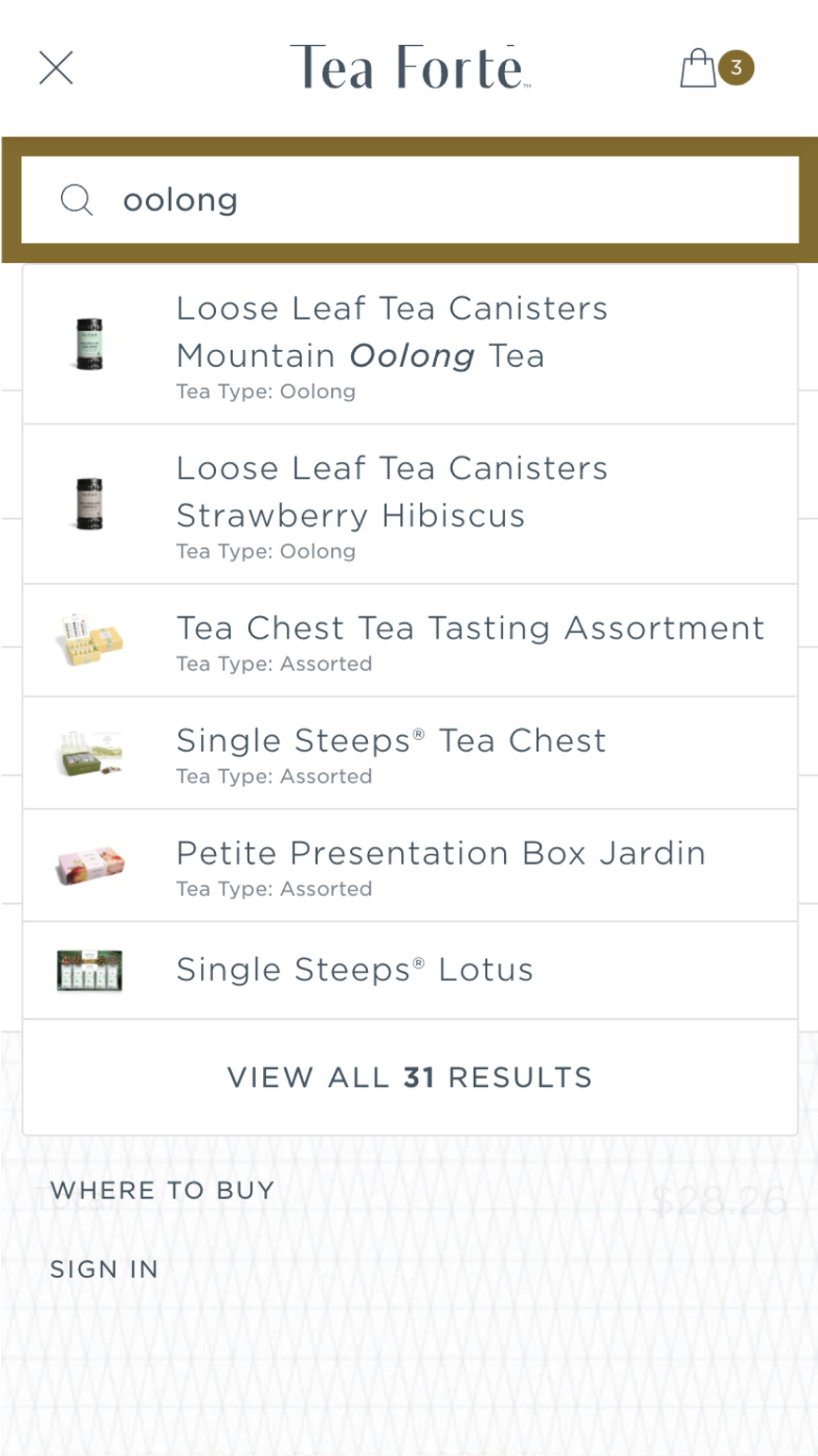 Mobile screenshot of Tea Forté's search feature