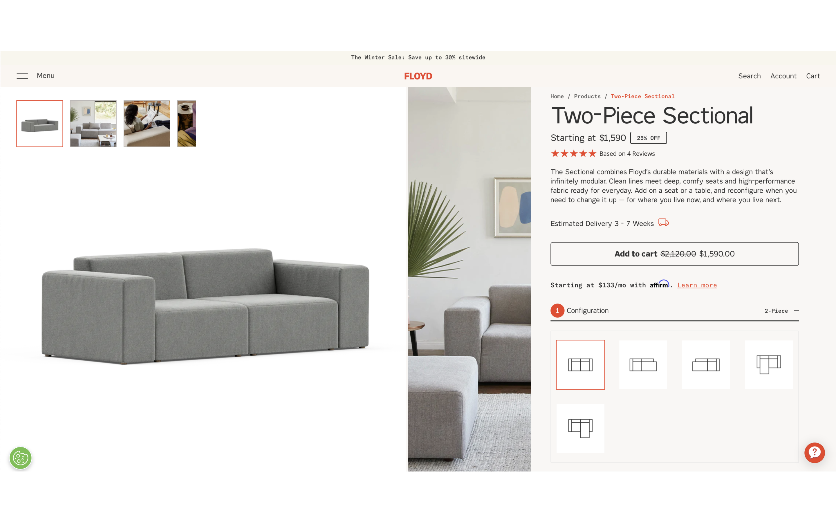 Desktop screenshot from Floyd's product page, showing a two-piece sectional