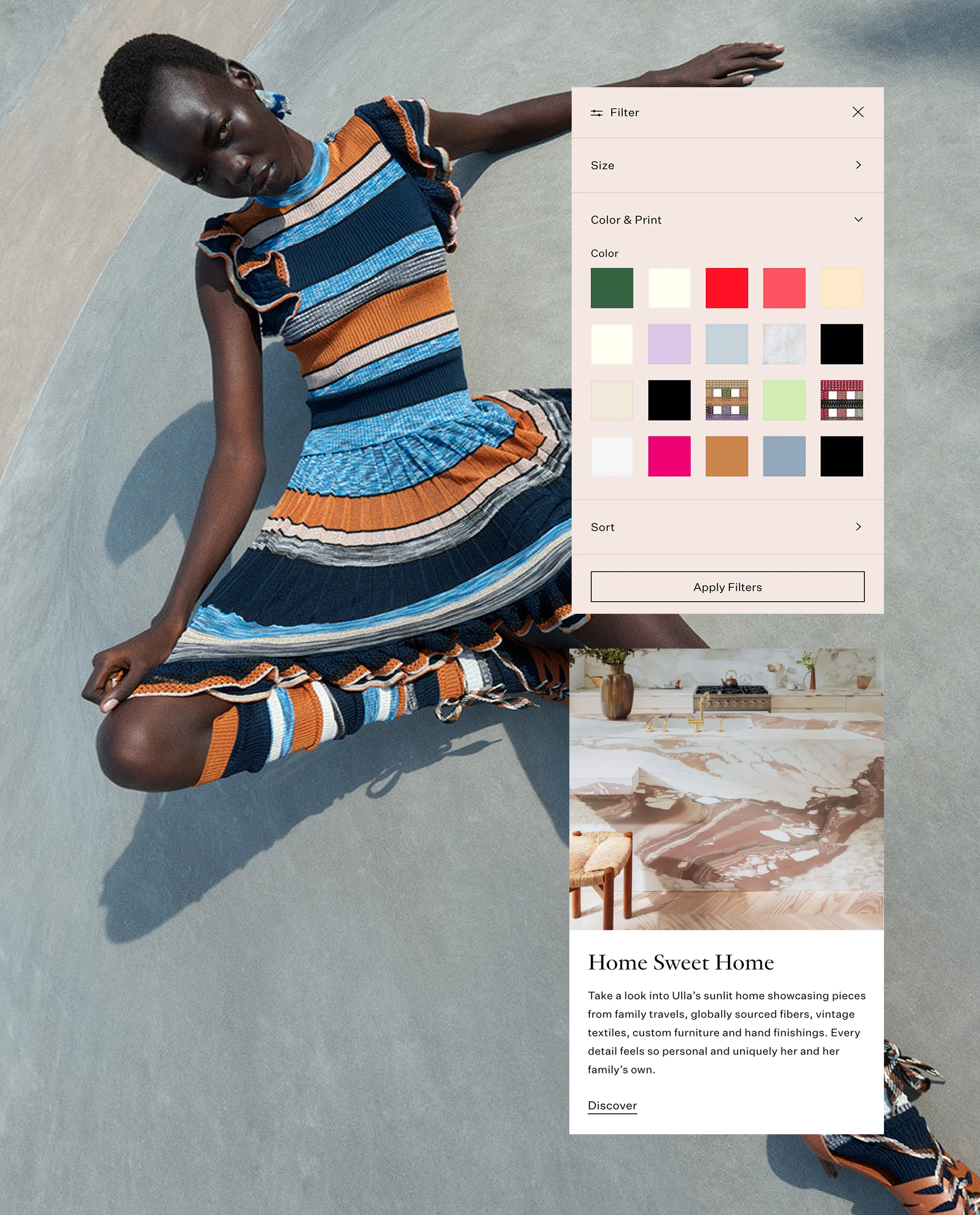 brand image of model with overlay of colour swatch and content from the brand's website