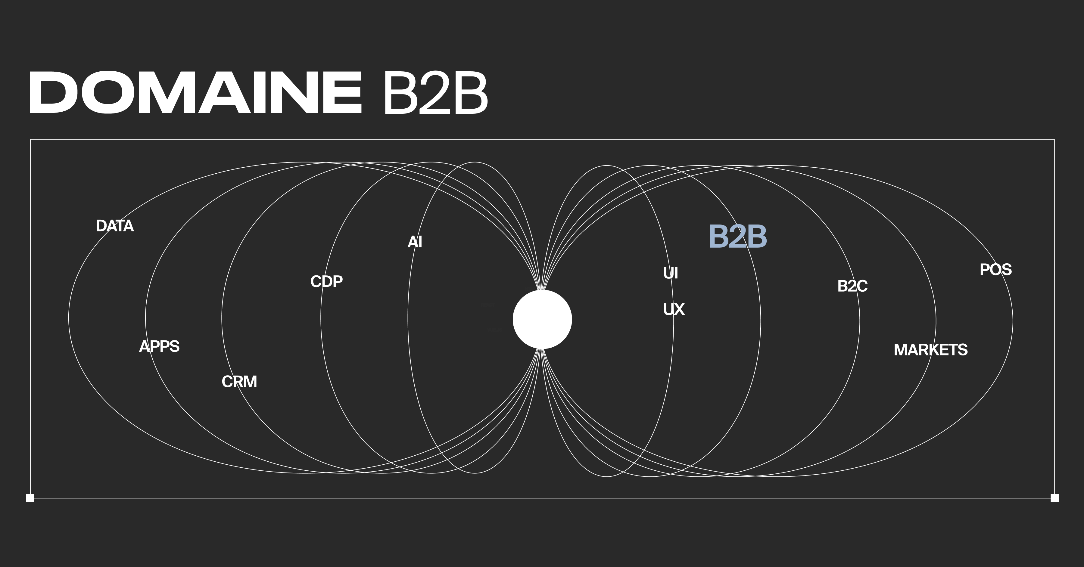 The text Domaine B2B on a black background, with a graphic showing how all the different Domaine services connect, including B2B which is highlighted in blue.