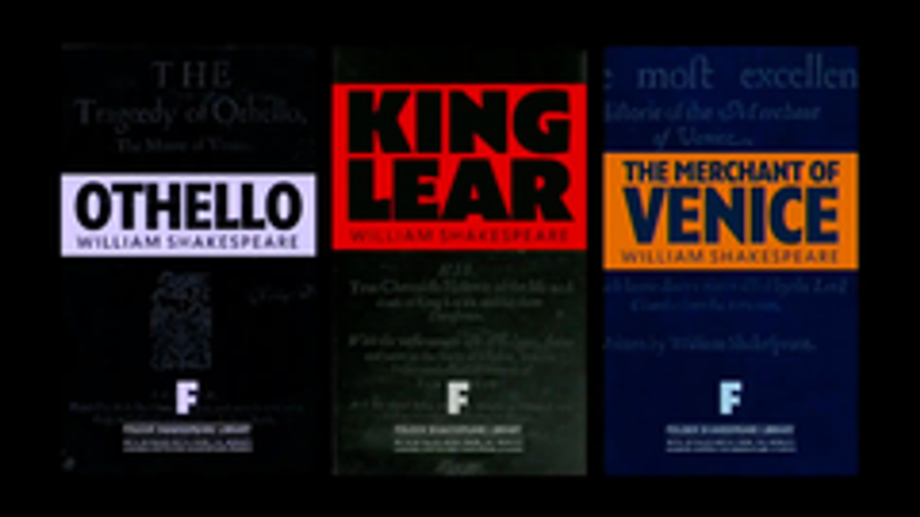 Type-focused playbill covers for Othello, King Lear, and the Merchant of Venice