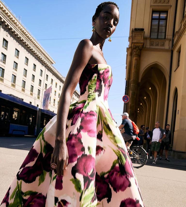 Model wearing beautiful dress with flowers from Oscar de la Renta