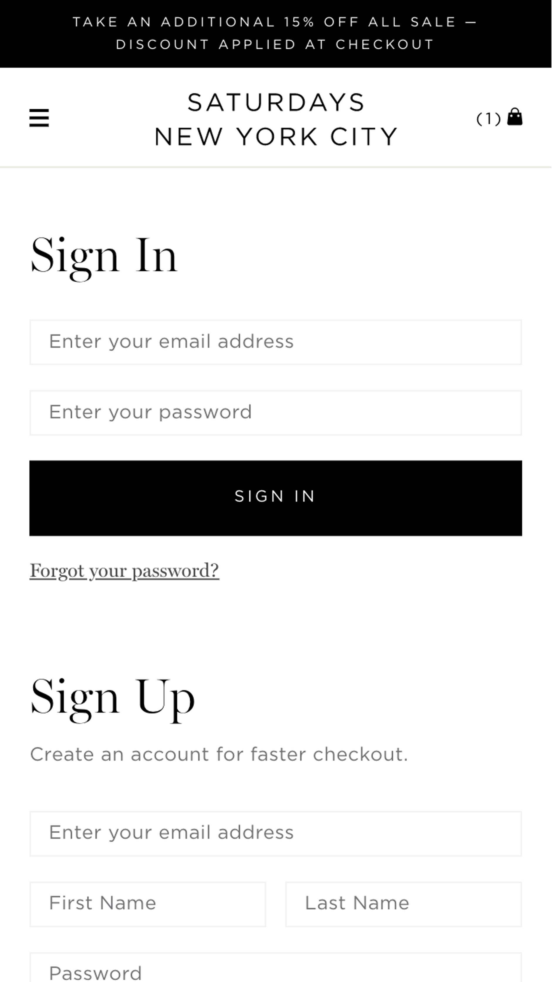 Mobile screenshot of Saturdays NYC's account sign in