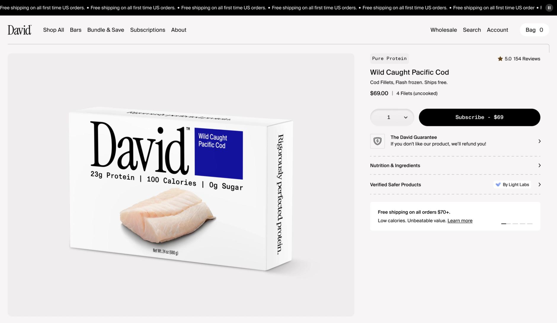 Website PDP for David Protein showing their 'Cod' product