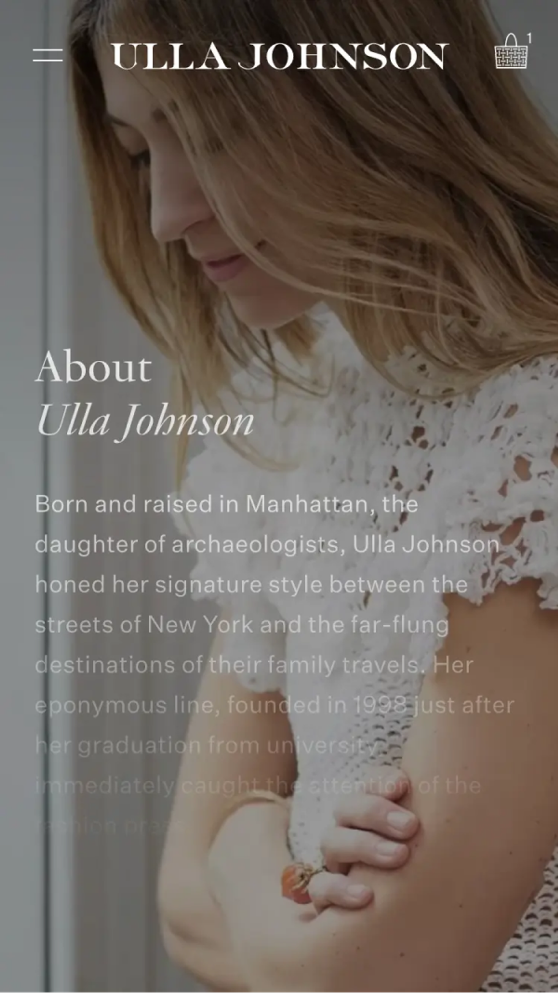 Mobile screenshot of Ulla Johnson's About page