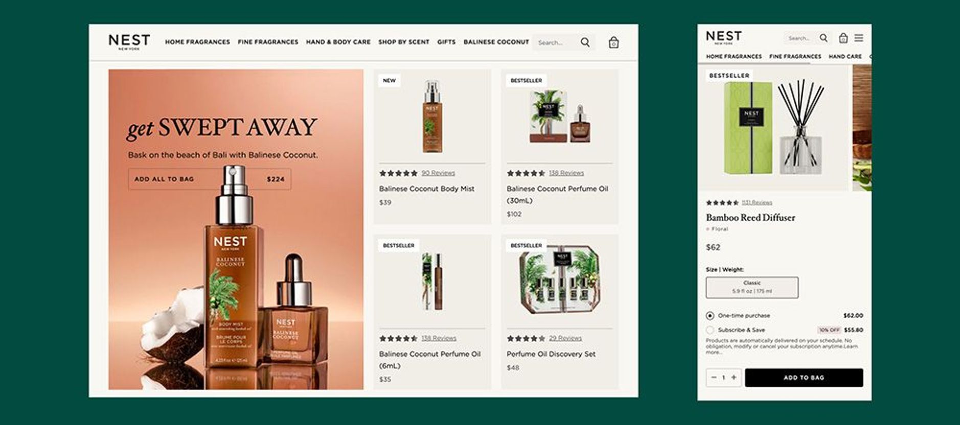 Desktop and mobile screenshots of Nest's site, showing PLP and PDP screens