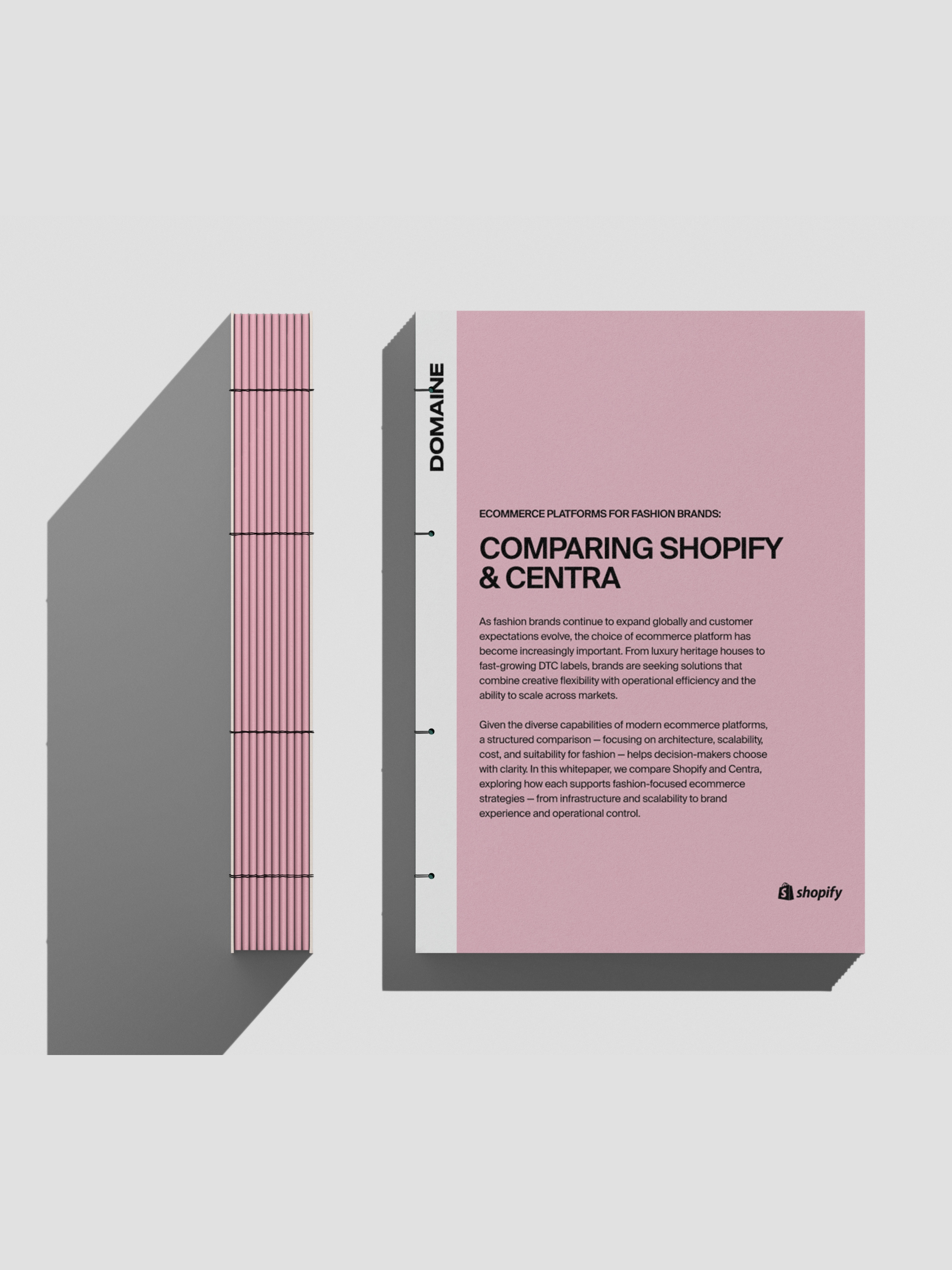 Mockup of Shopify vs Centra Comparison whitepaper on grey background
