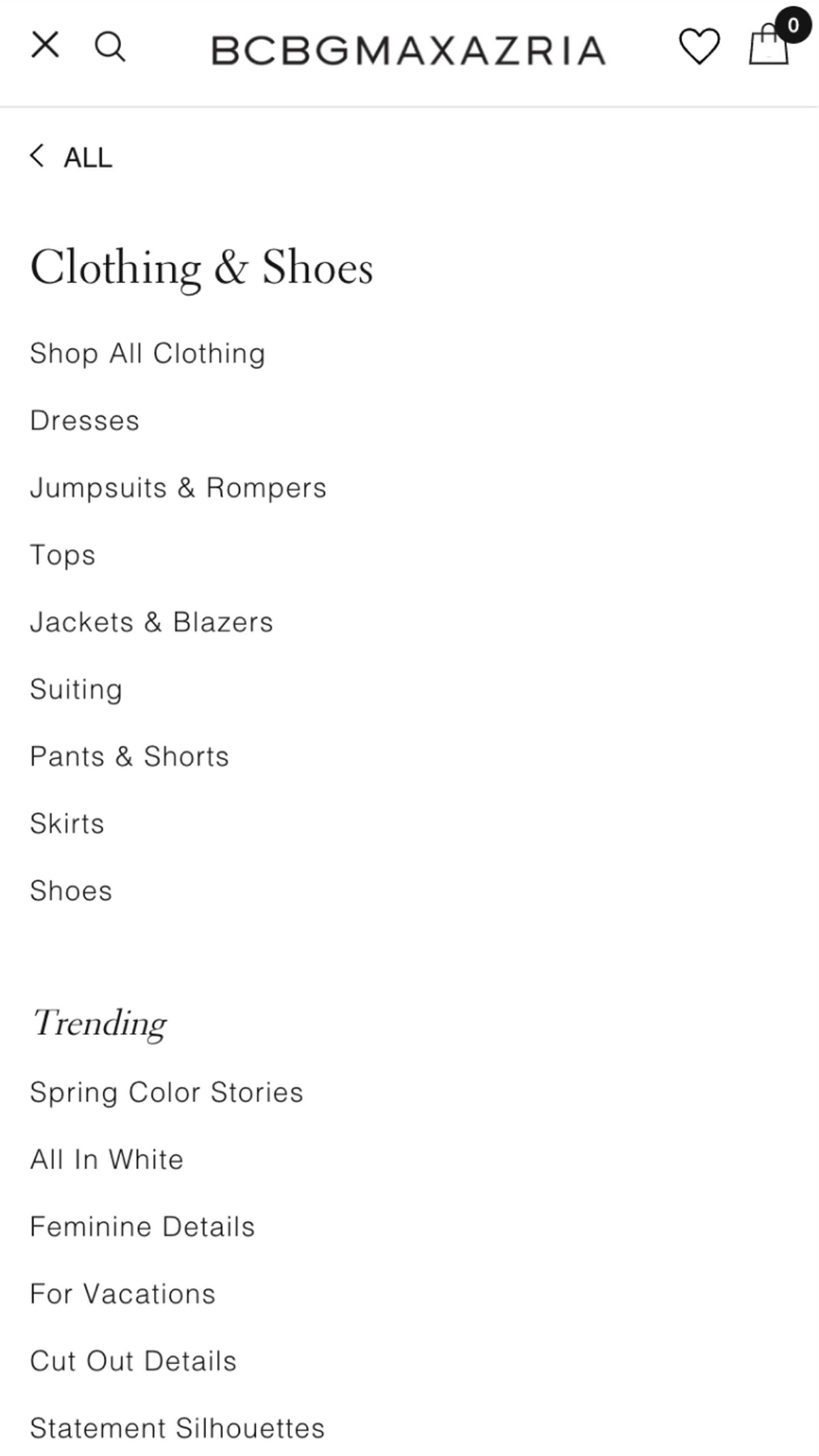 Mobile screenshot of BCBG's navigation menu for Clothing & Shoes
