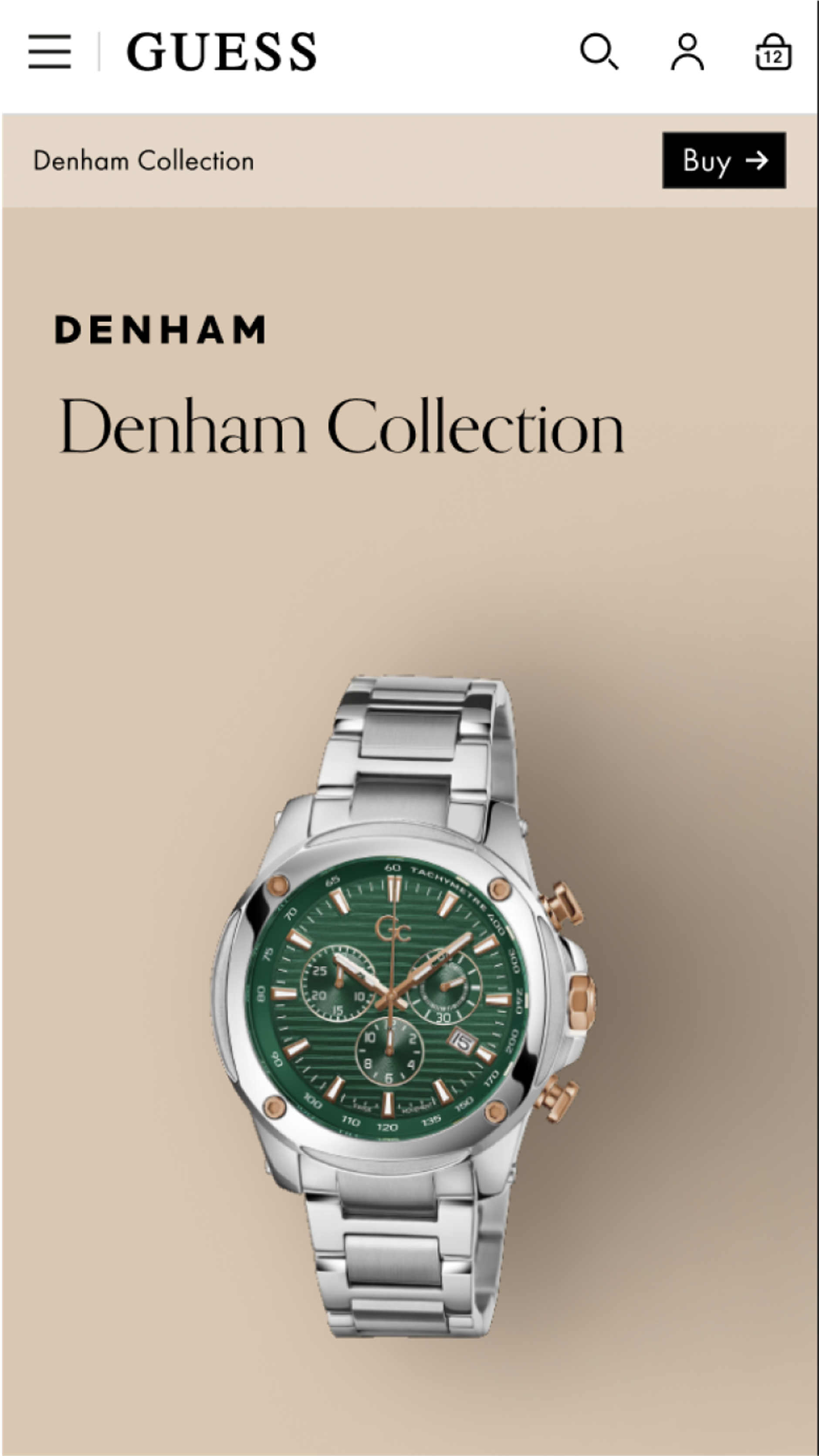 Mobile screenshot of Guess Watches' site, featuring the Denham collection