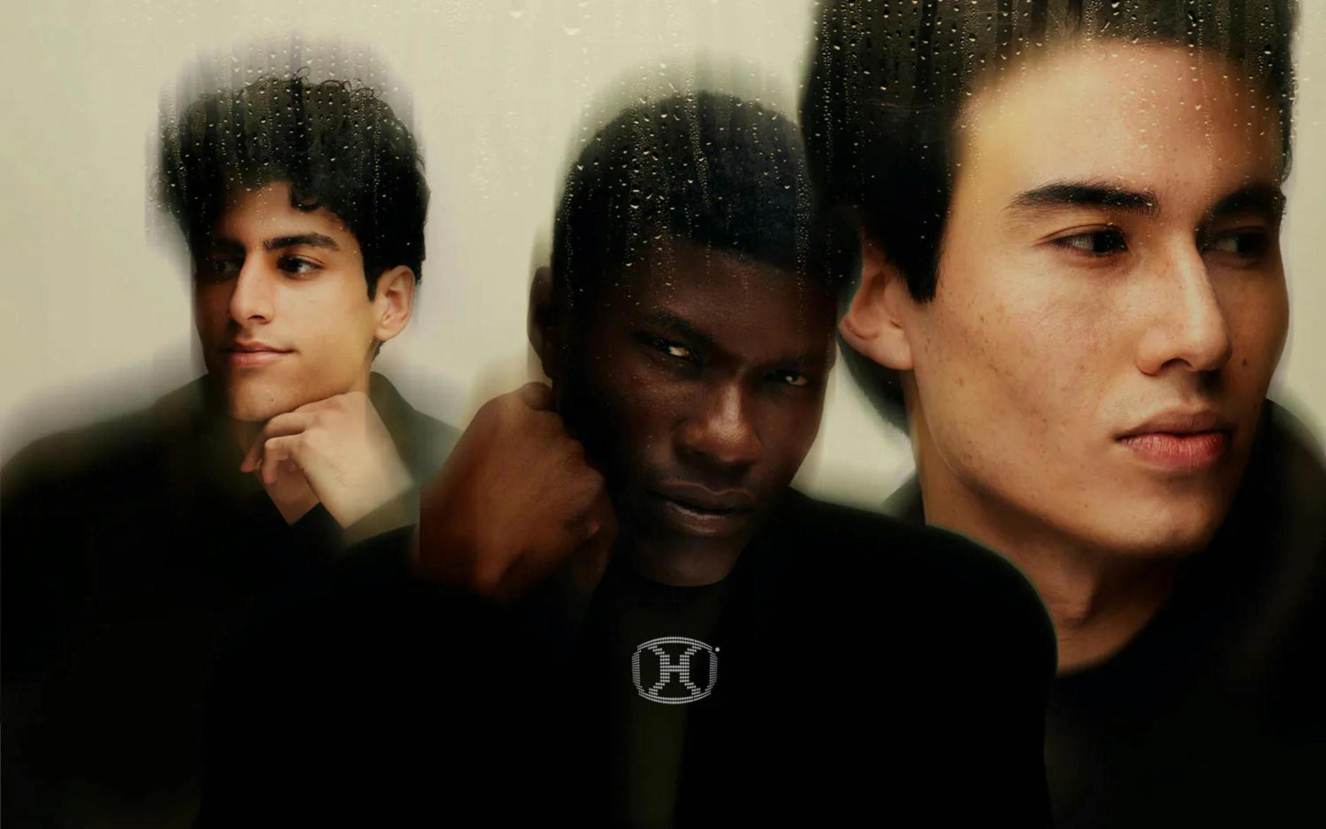 Detail of 3 male models with clear skin