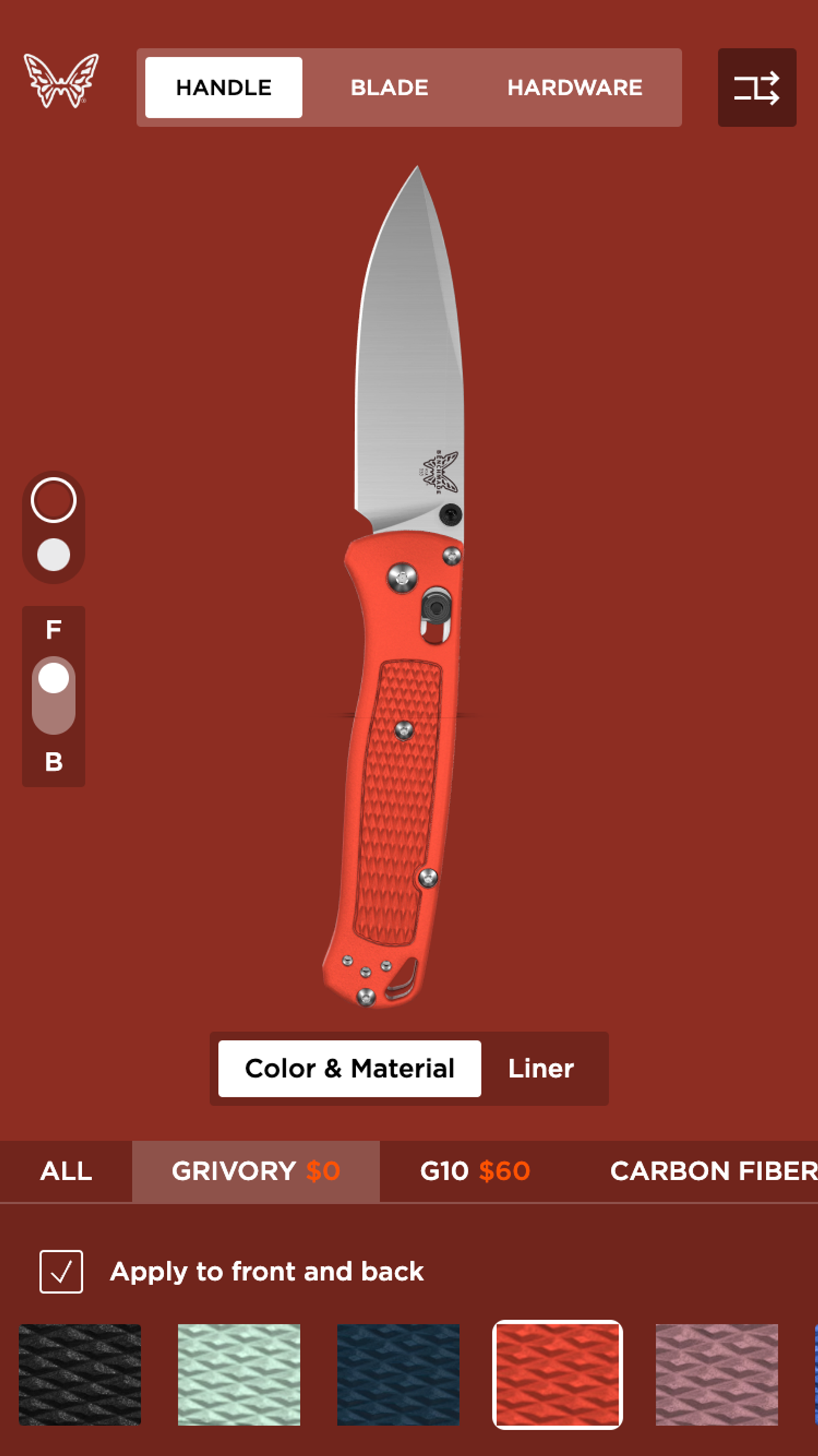 Mobile screenshot of Benchmade knife customizer