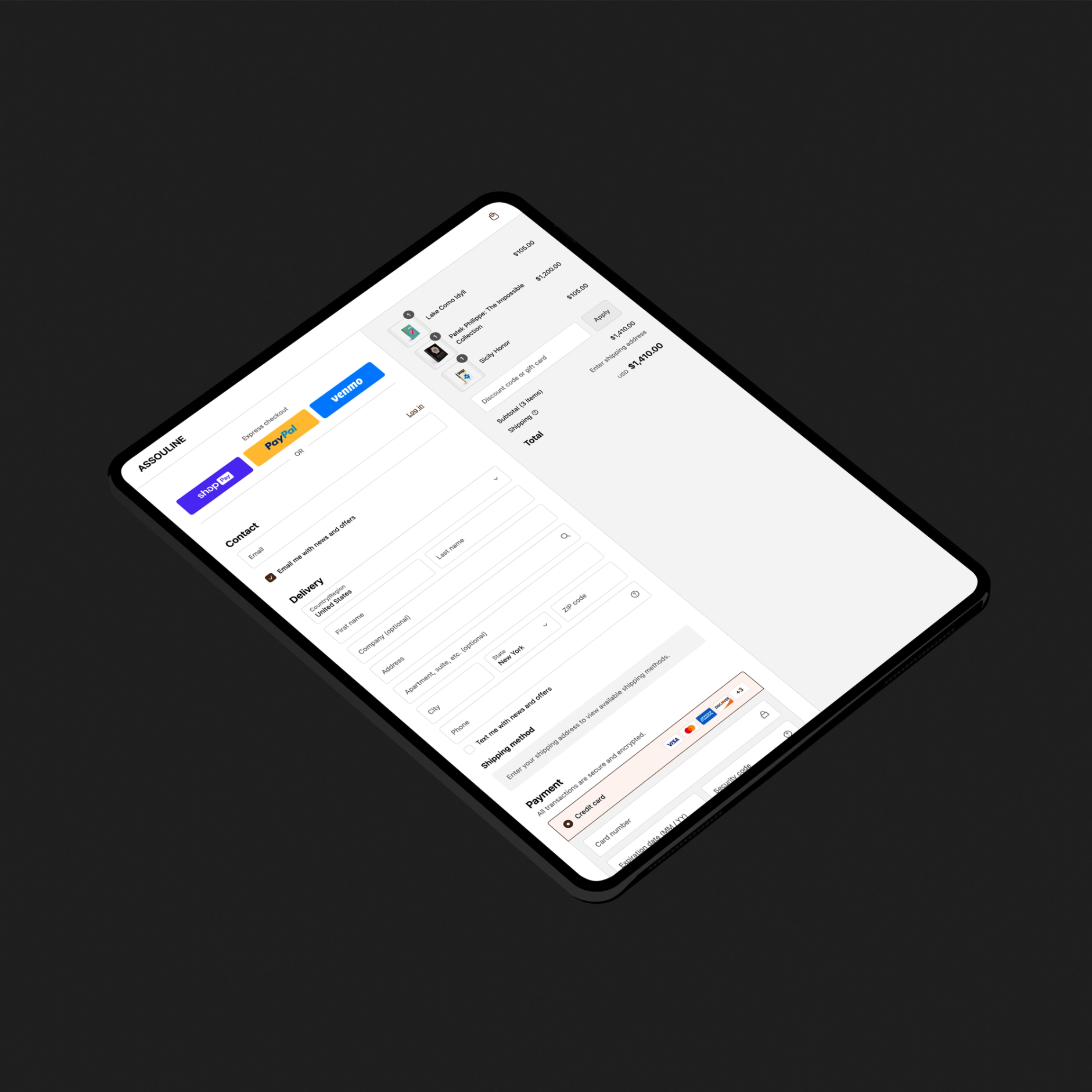 Tablet showing Shopify checkout