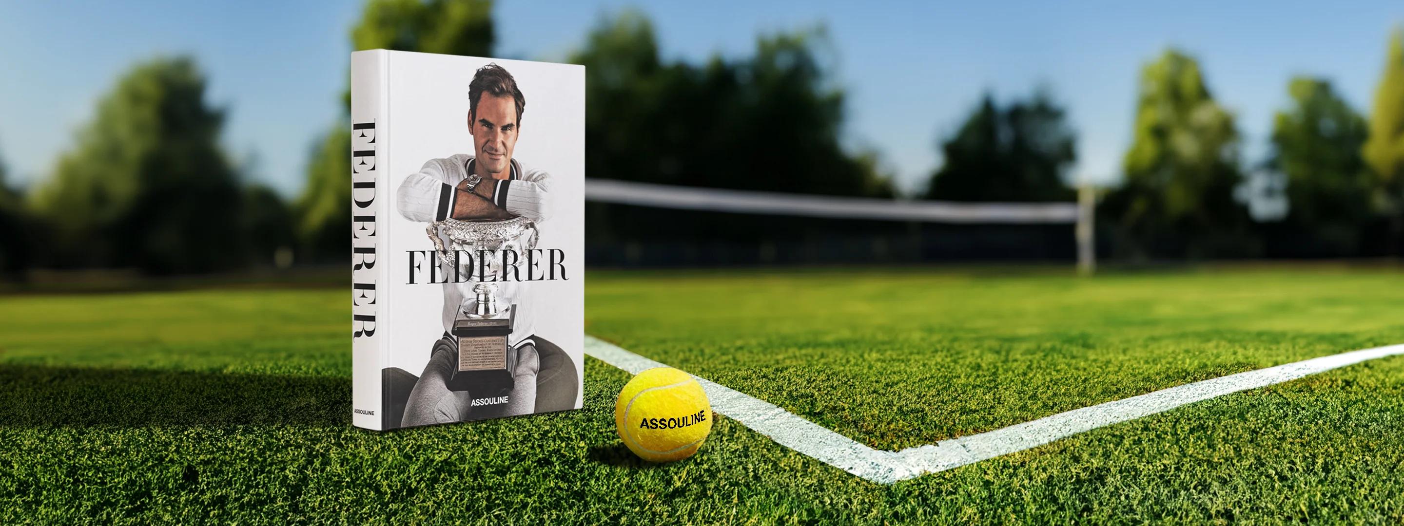 Roger Federer book on tennis court