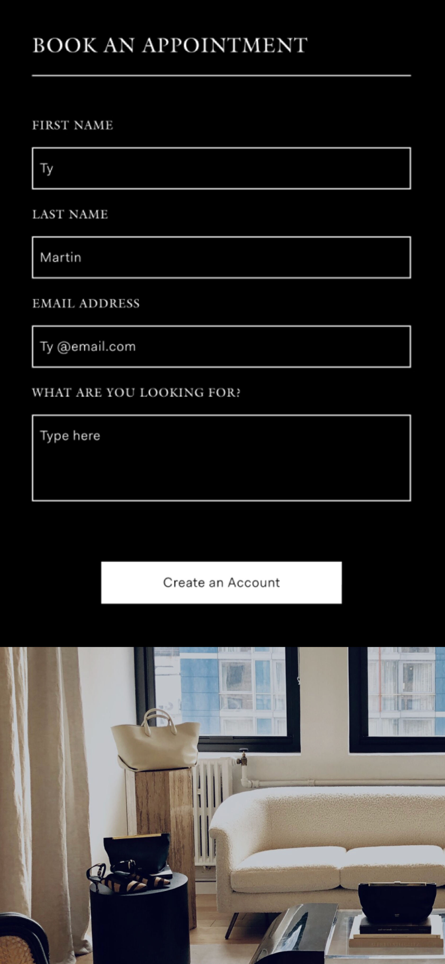 Mobile screenshot showing the form to book an appointment at a Khaite store