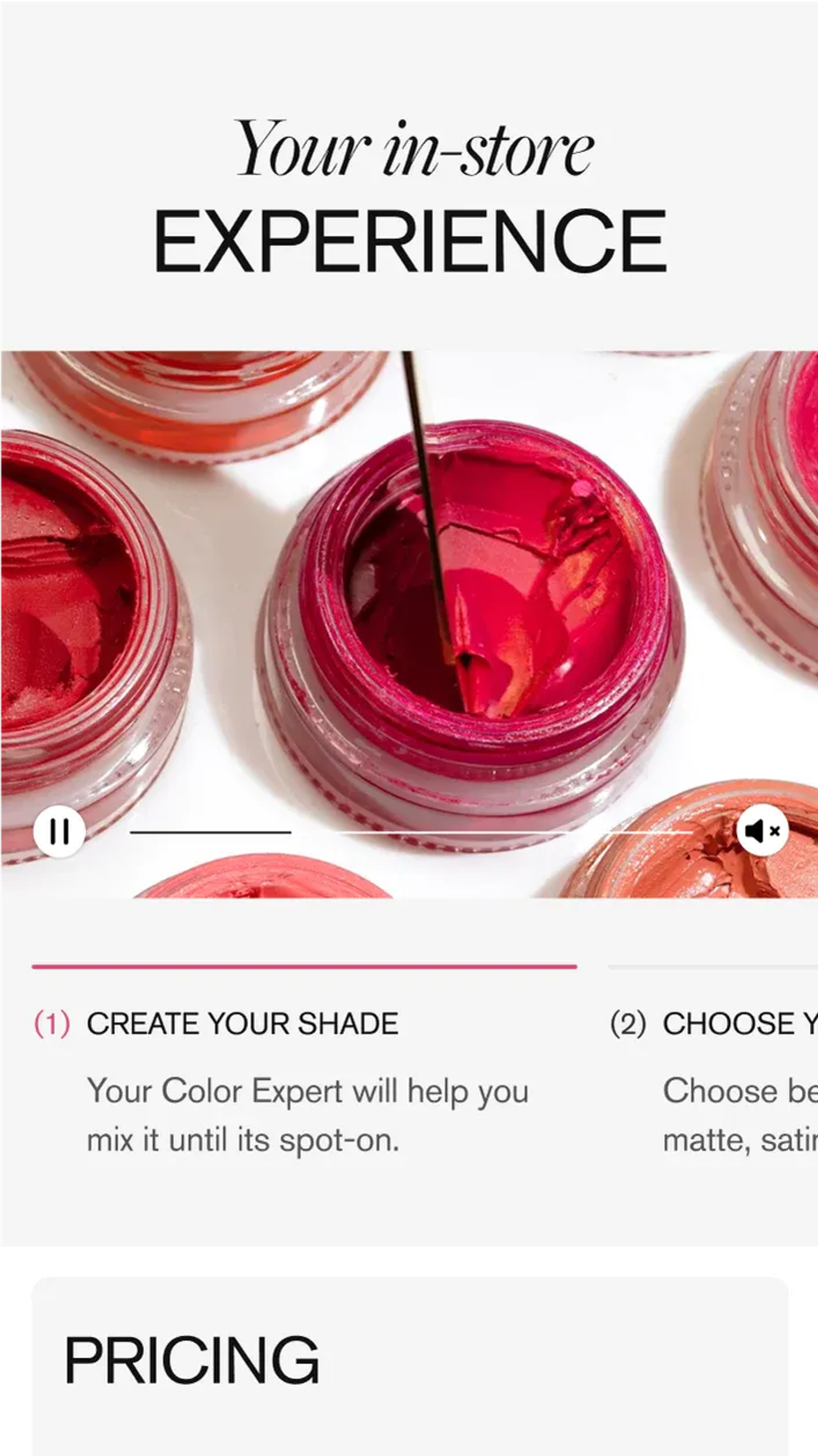 Mobile screenshot of Lip Lab in-store experience section