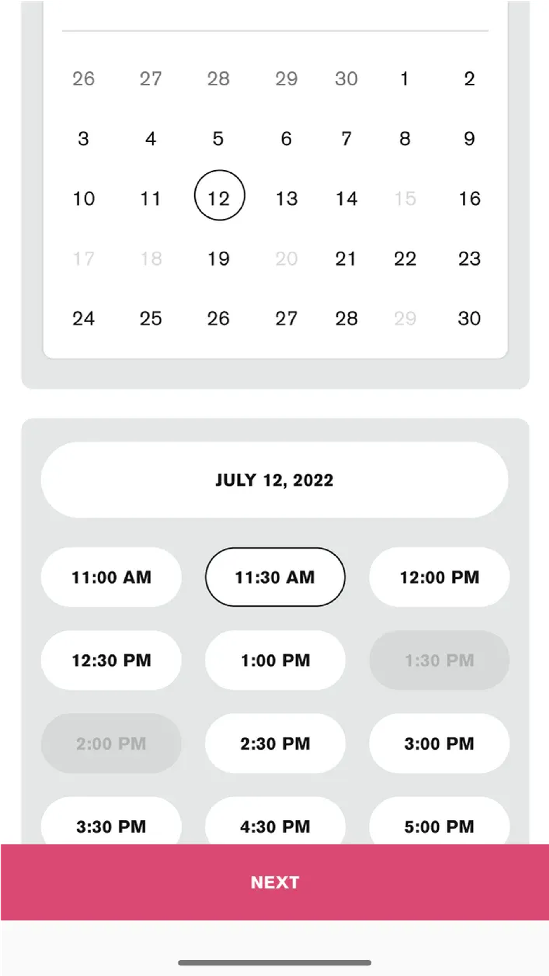 Mobile screenshot of Lip Lab appointment scheduling