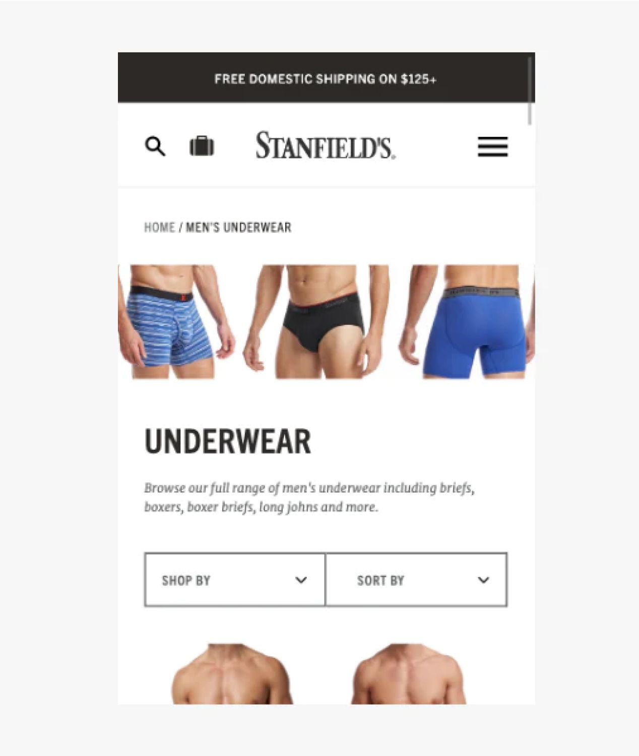 Mobile screenshot of Stanfield's Underwear PLP