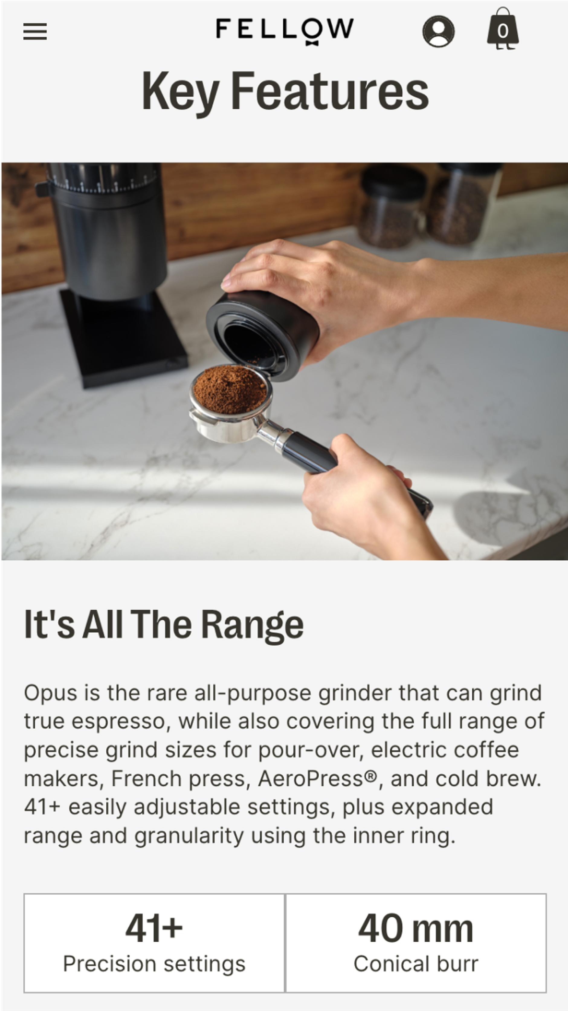 Mobile screenshot of Fellow's site showing key features of one of their grinders