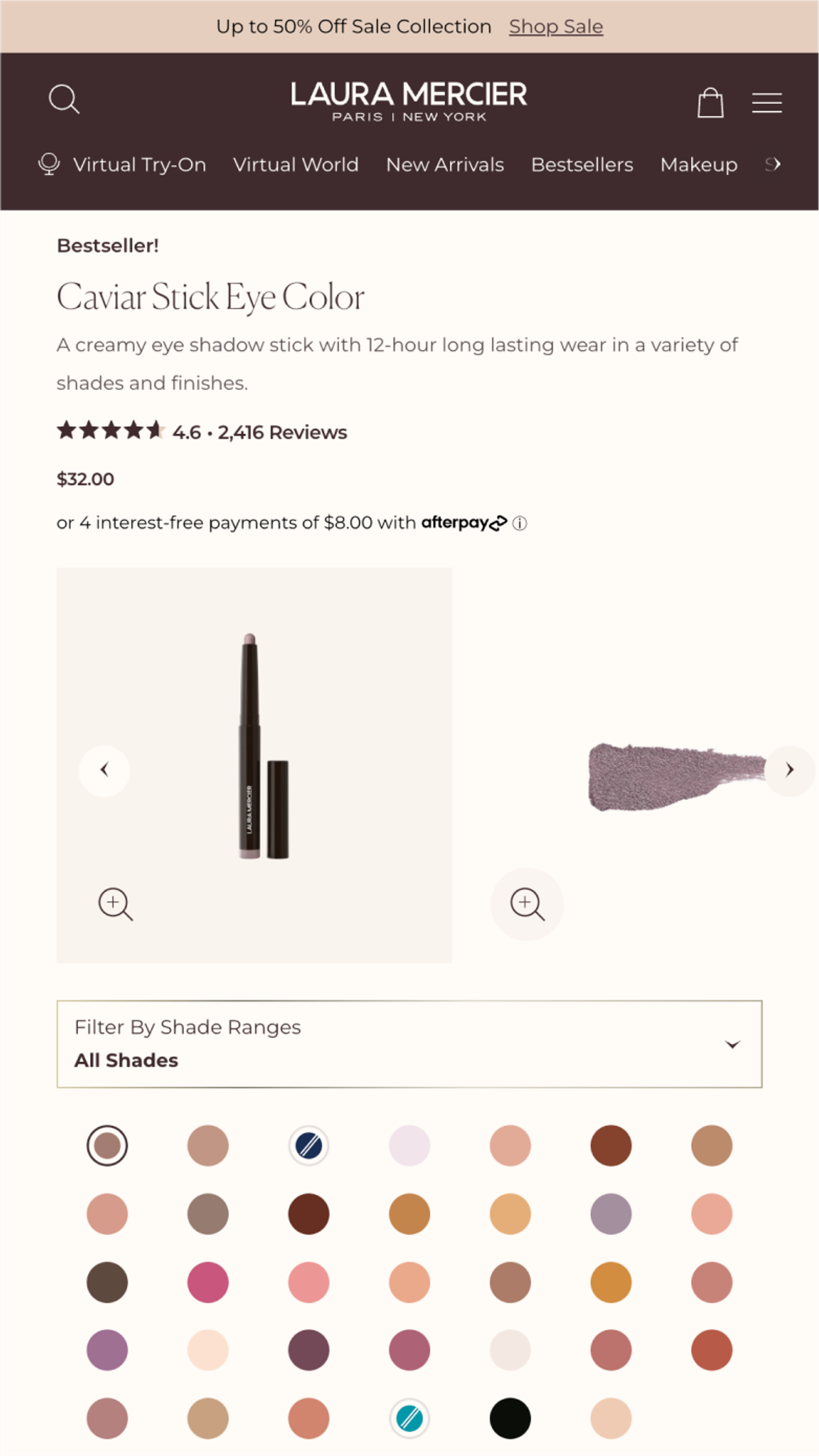 Mobile screenshot of shade selection on Laura Mercier product page
