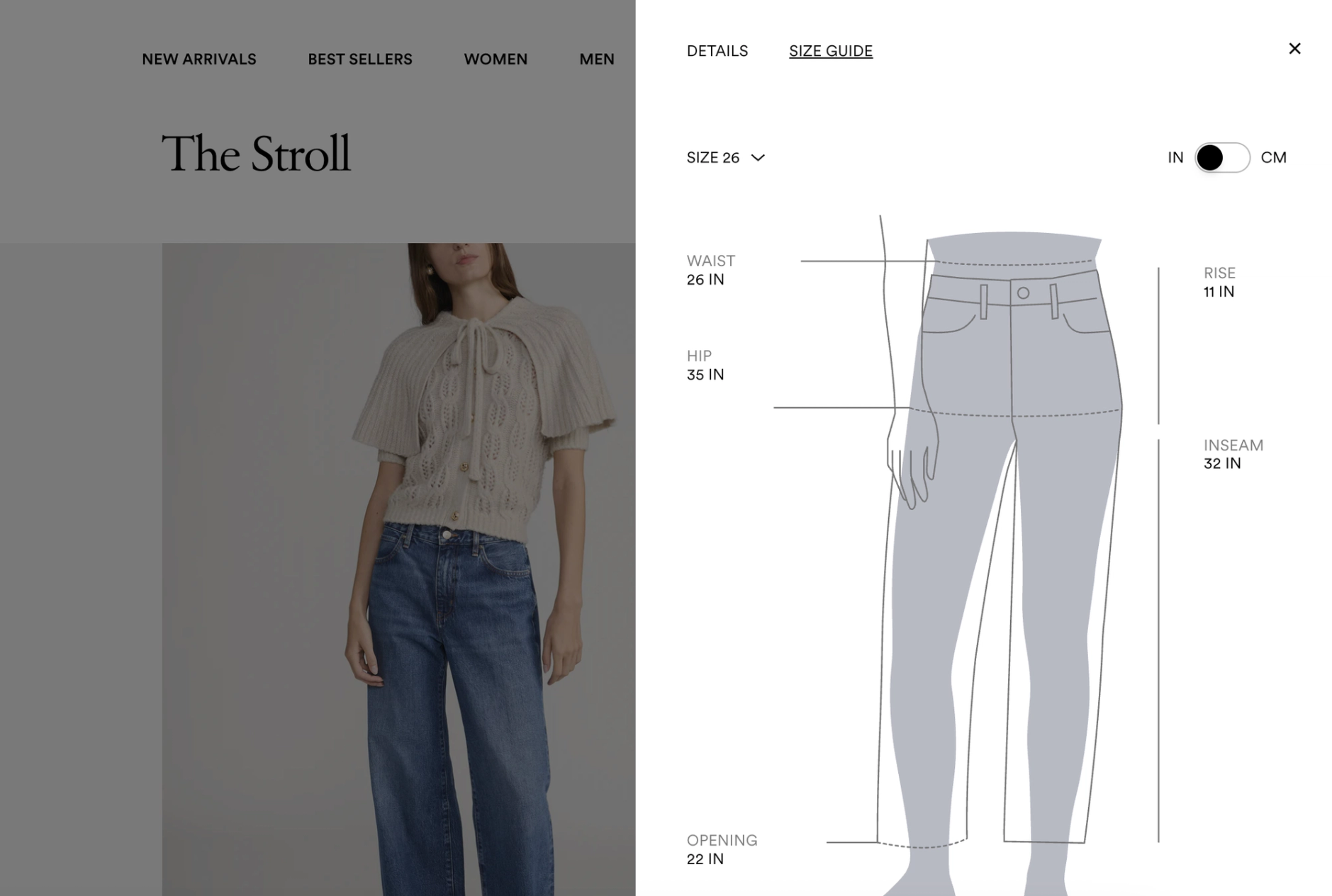 FRAME's size guide pop out 