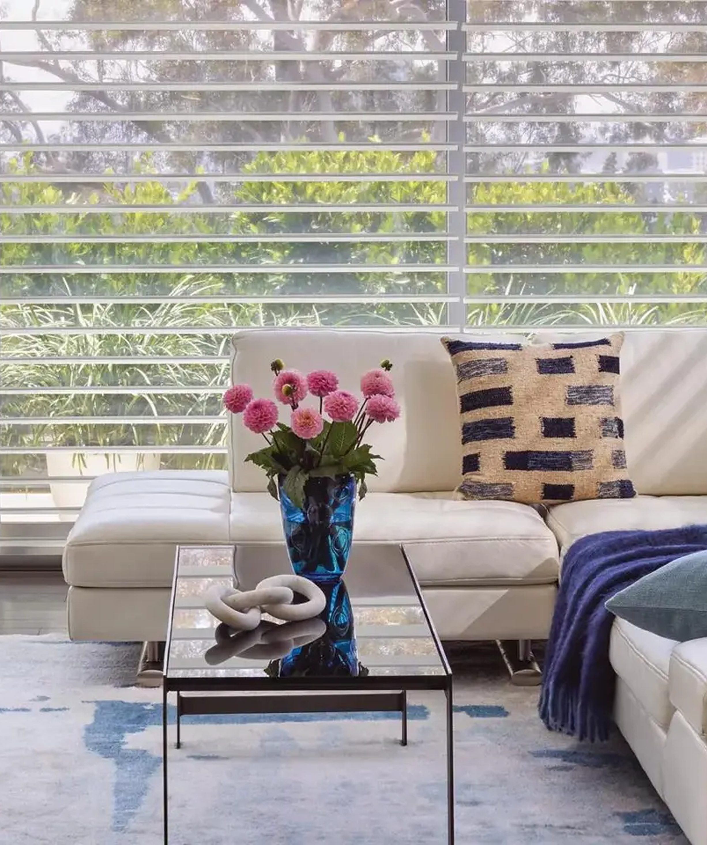Living room with french windows + blinds
