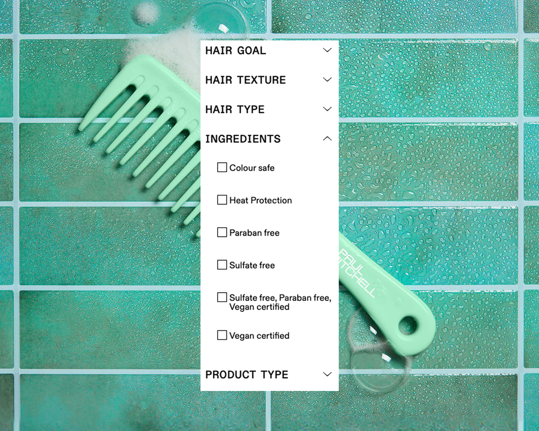 Paul Mitchell website filters, allowing customers to shop by ingredients