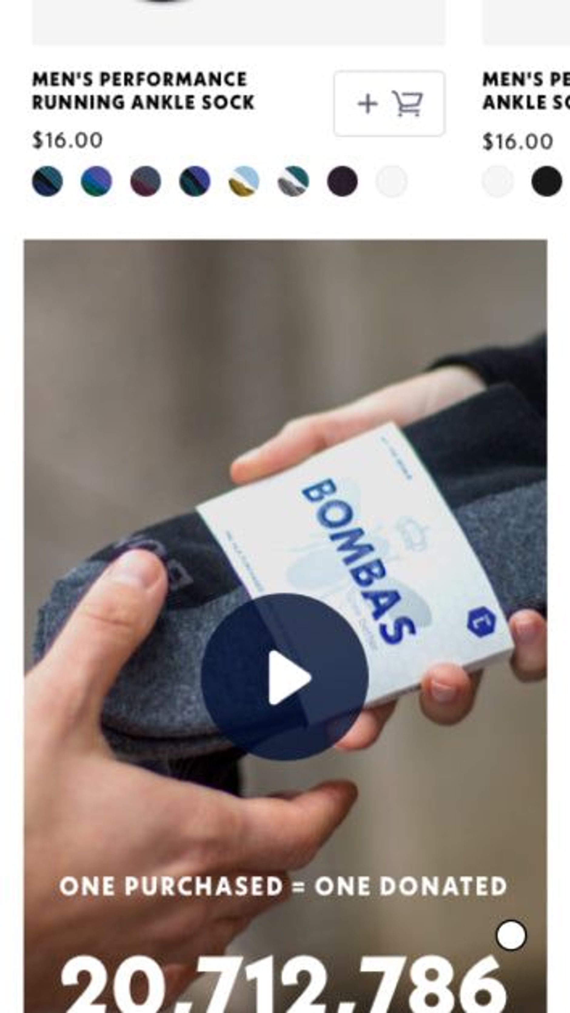 Mobile screenshot of Bombas' PDP 'One purchased = one donated' video section