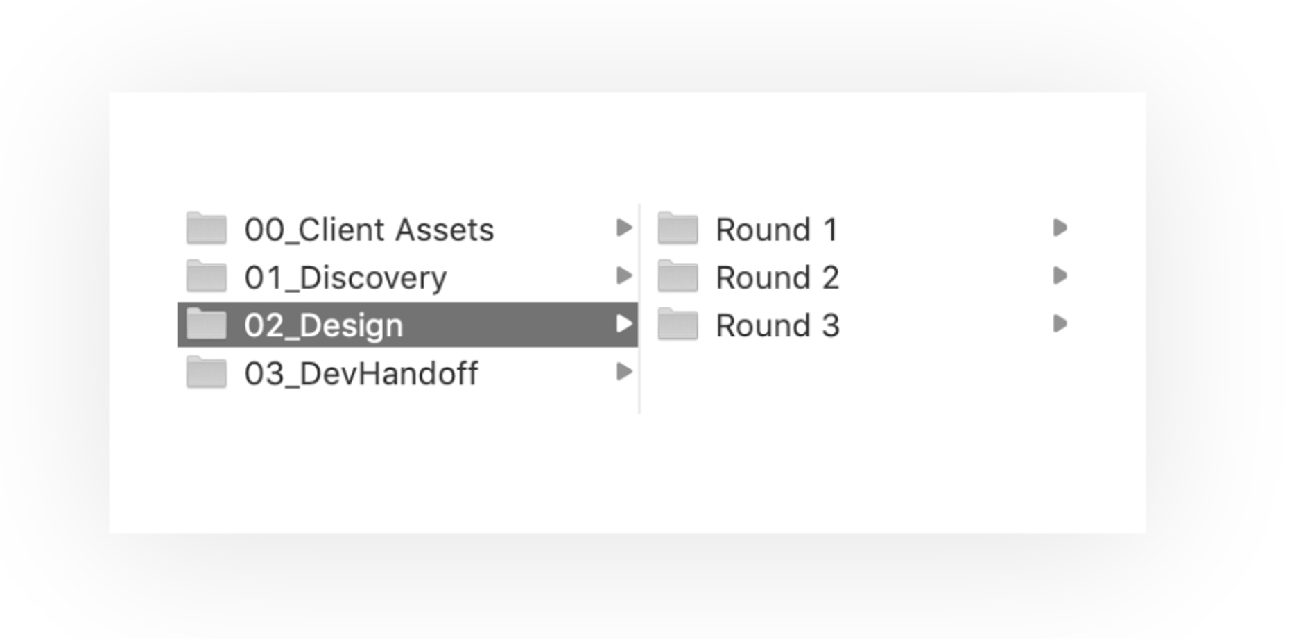 Screenshot showing a Design folder with several subfolders for rounds of revisions