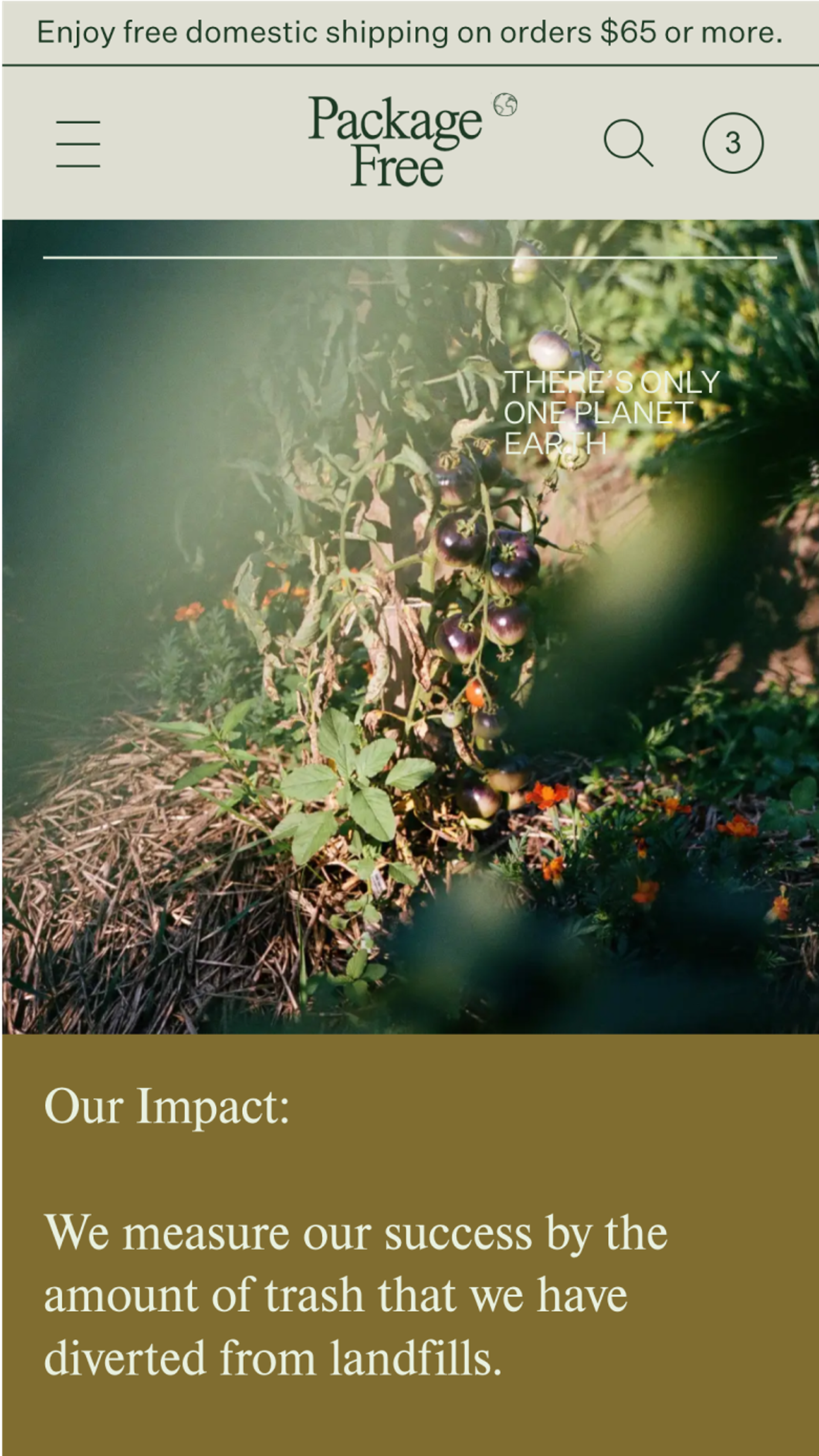 Mobile screenshot of Package Free's homepage 'Our Impact' section