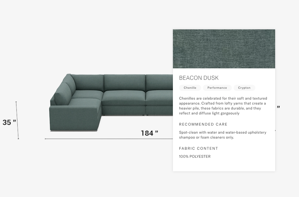 Sectional builder with fabric changed based on preference and pop up fabric explainer