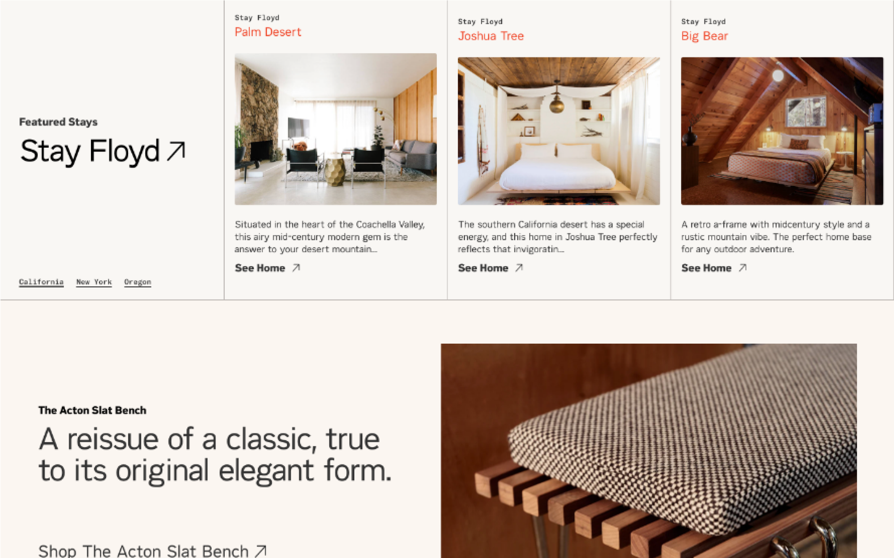 Desktop screenshot from Floyd's homepage, showing various sections