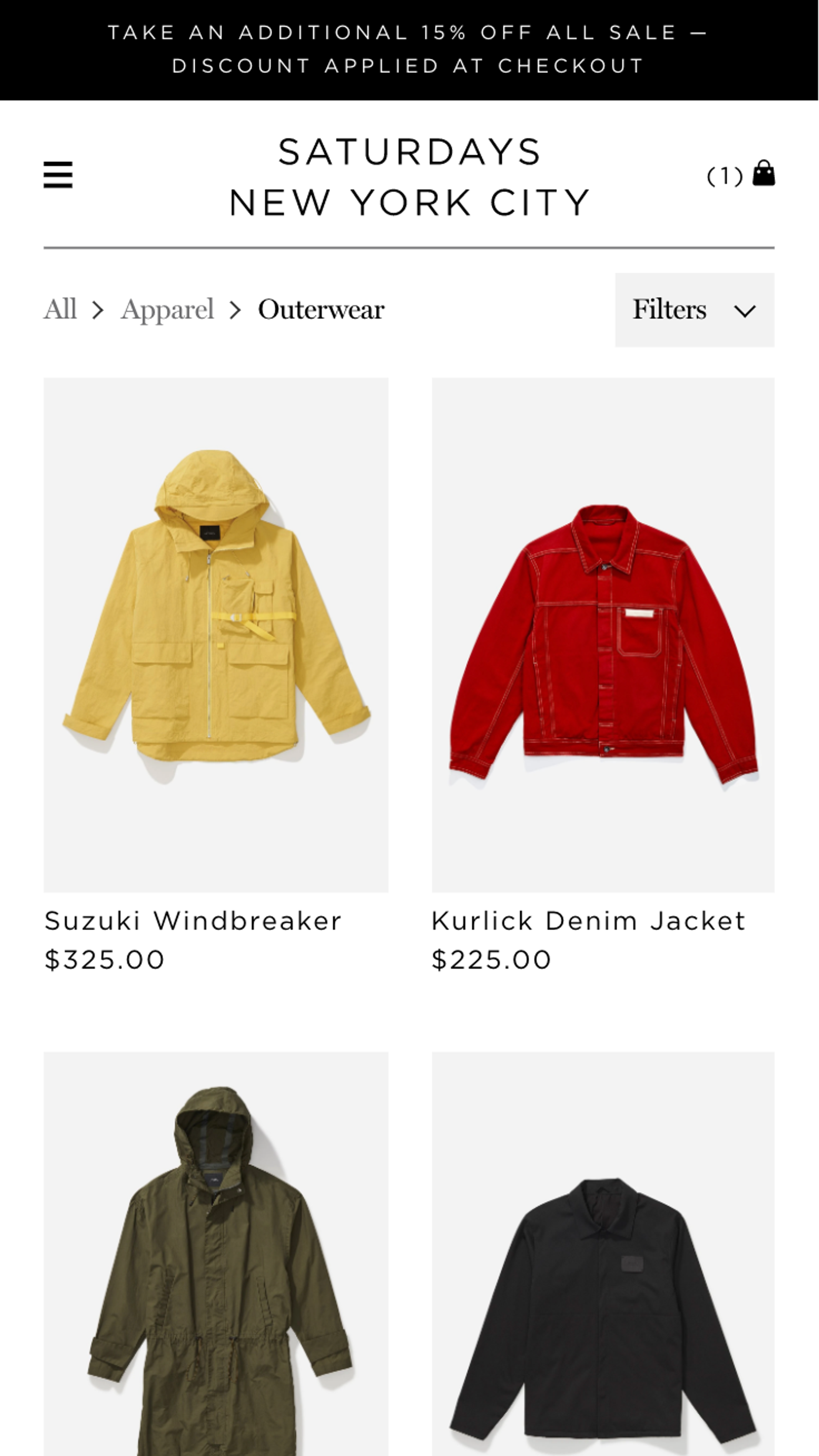 Mobile screenshot of Saturdays NYC's PLP for Outerwear