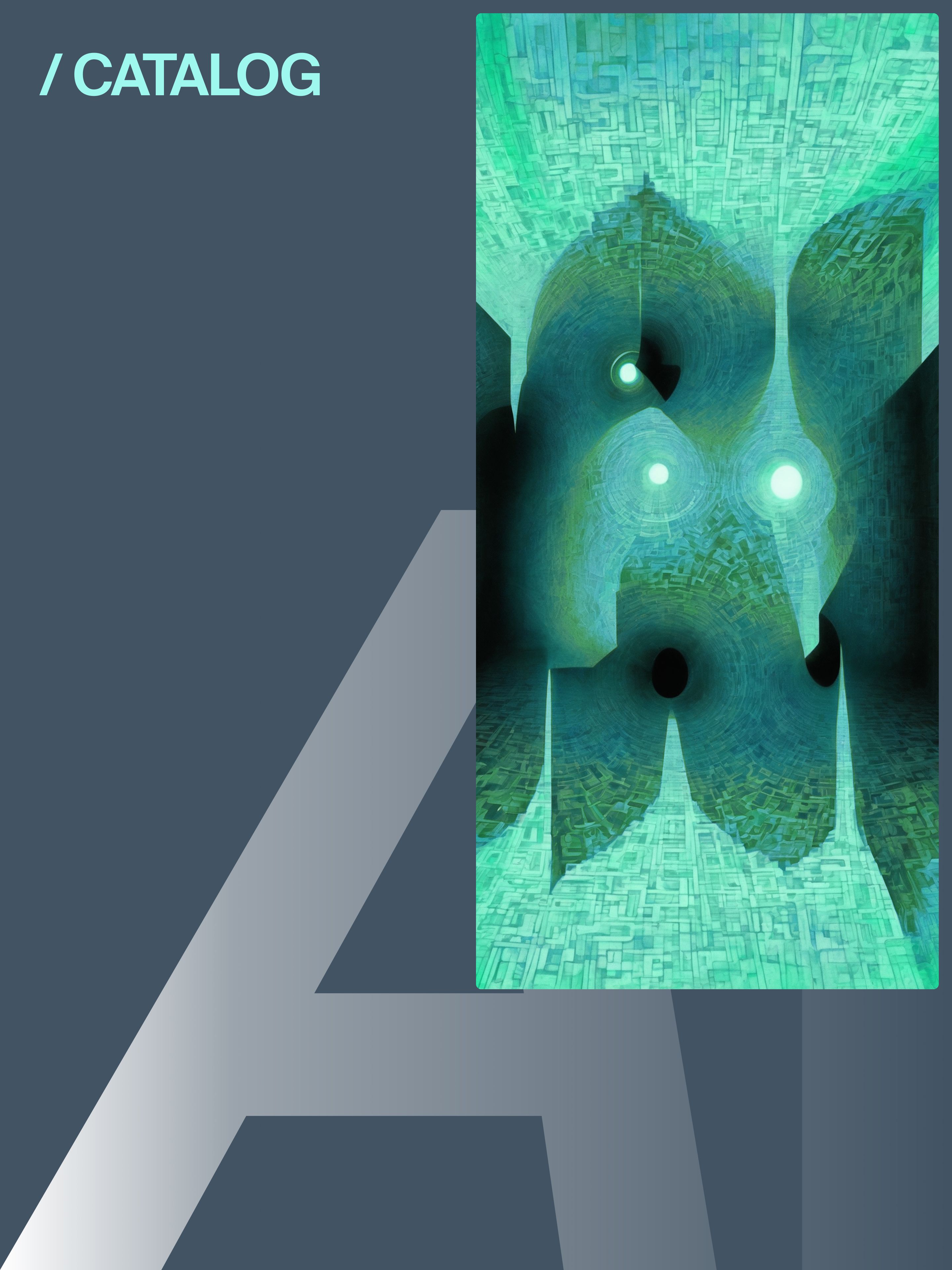 Catalog text on a green and blue astract image