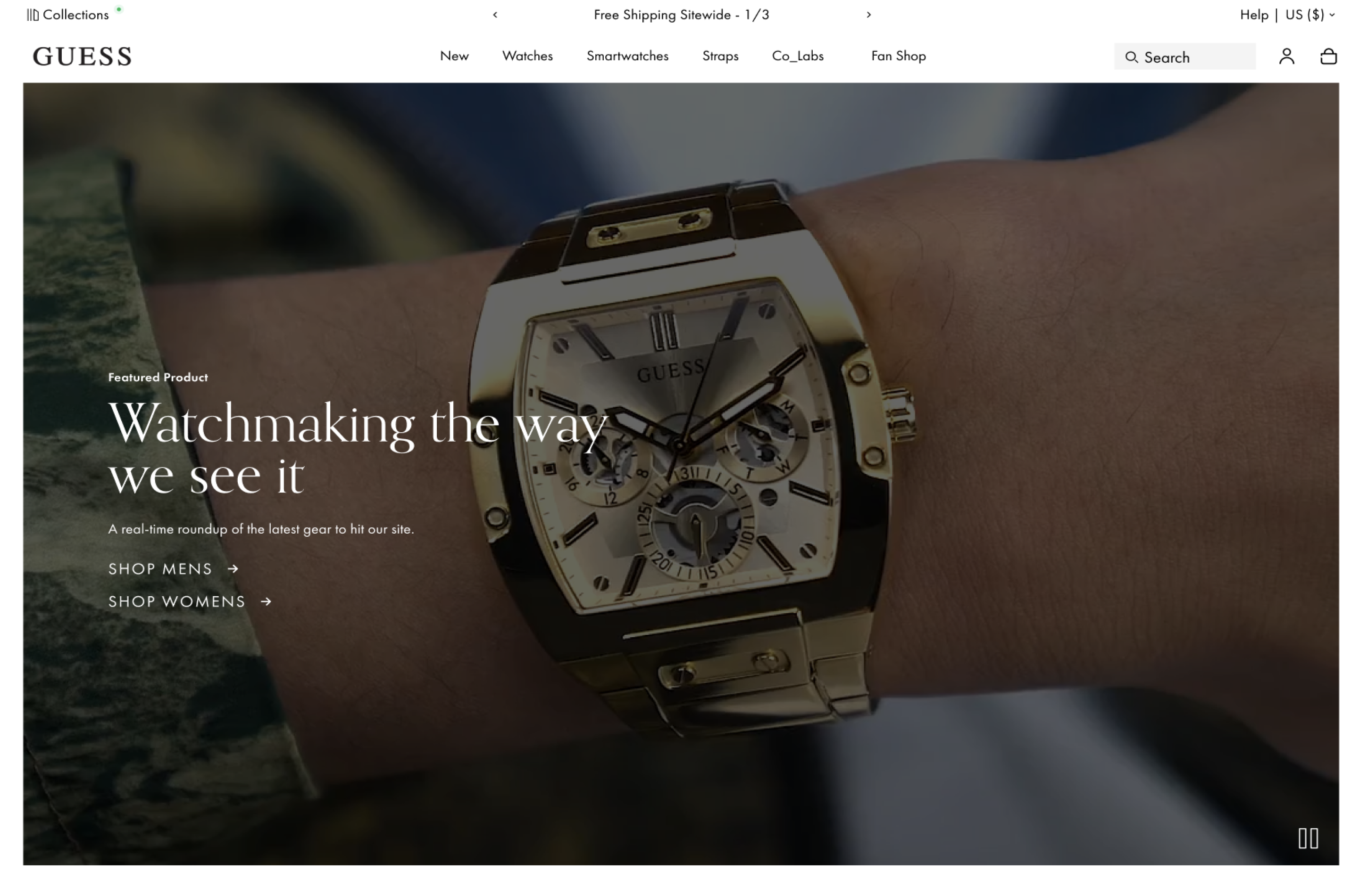 Desktop screenshot from Guess Watches' homepage hero