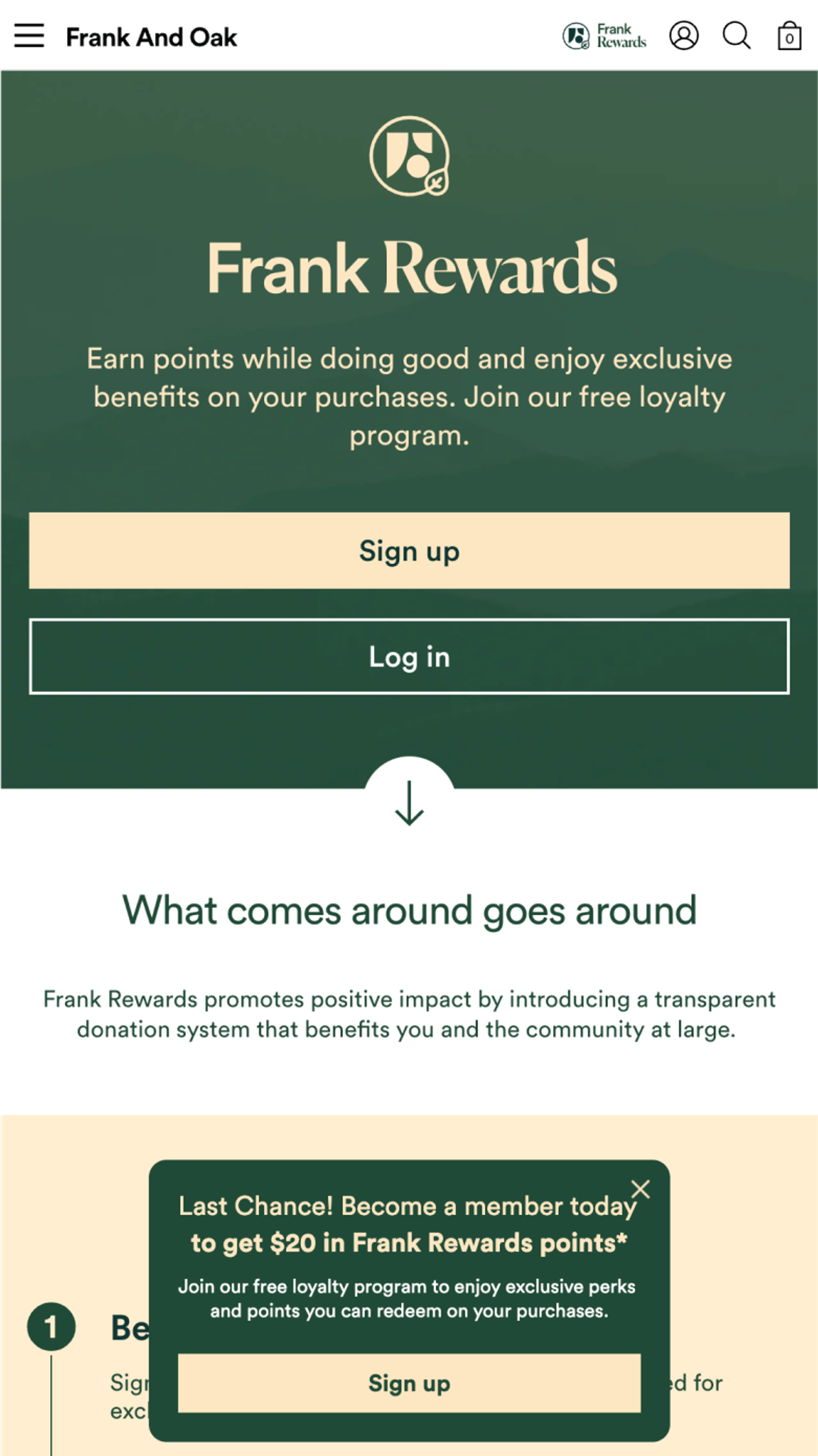Mobile screenshot of Frank and Oak's 'Frank Rewards' program