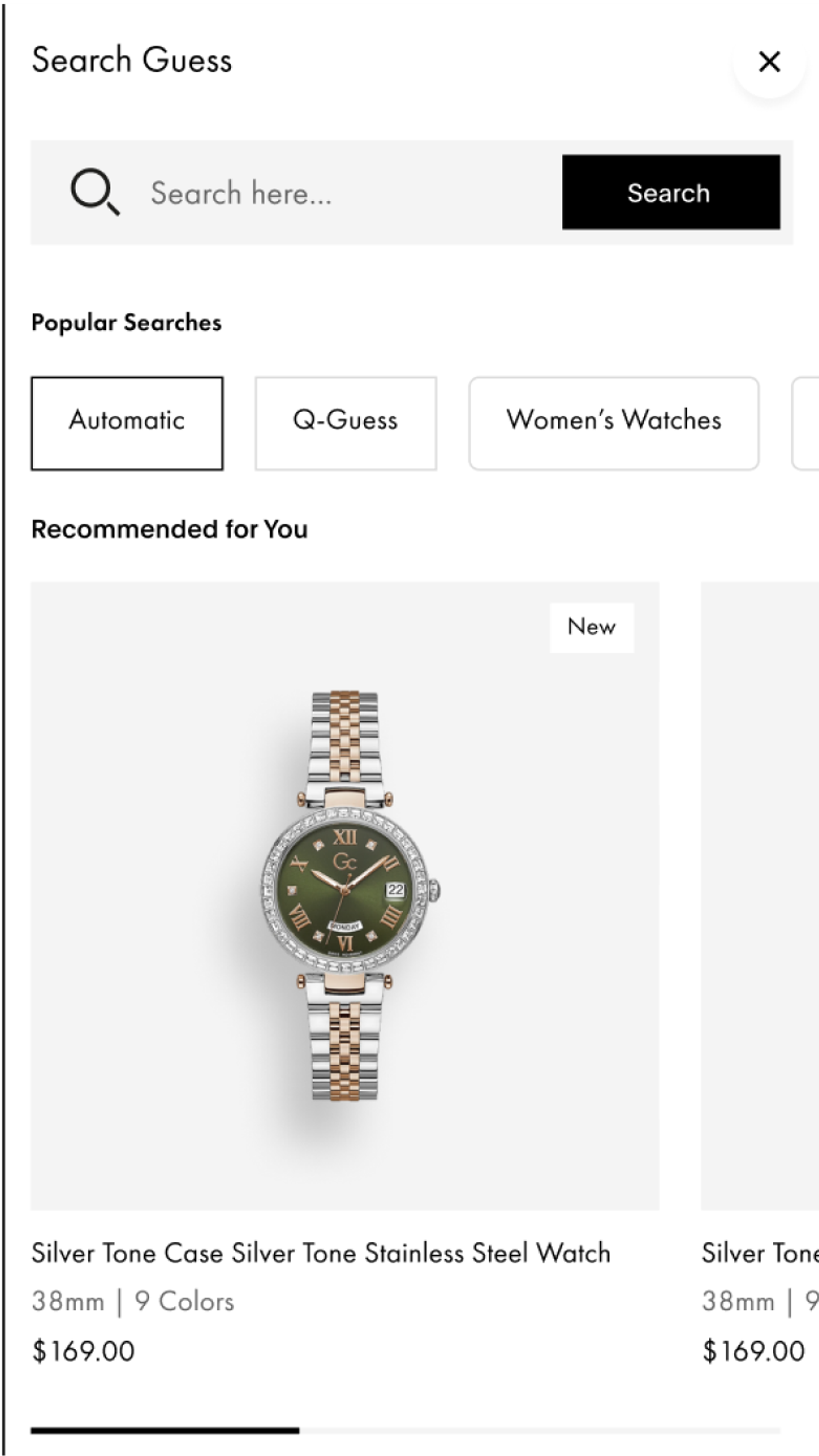 Mobile screenshot of Guess Watches' site, highlighting the search experience