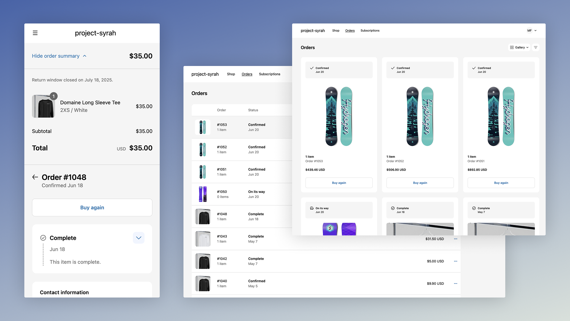 Screenshots from Shopify's new customer account experience