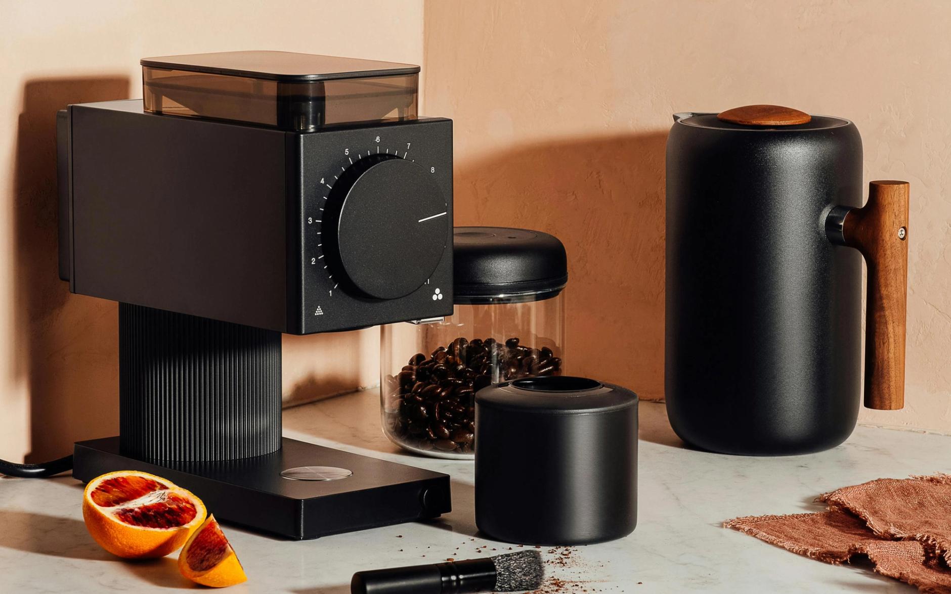 Various Fellow kettle, grinder, and pourover sitting on a countertop